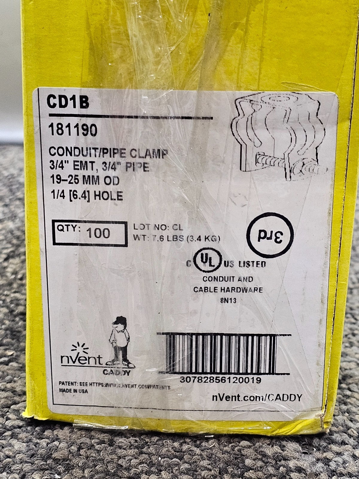 (QTY 100) nVent Caddy CD1B Bolt Close Conduit/Pipe Clamp 3/4 EMT 50/200 lb