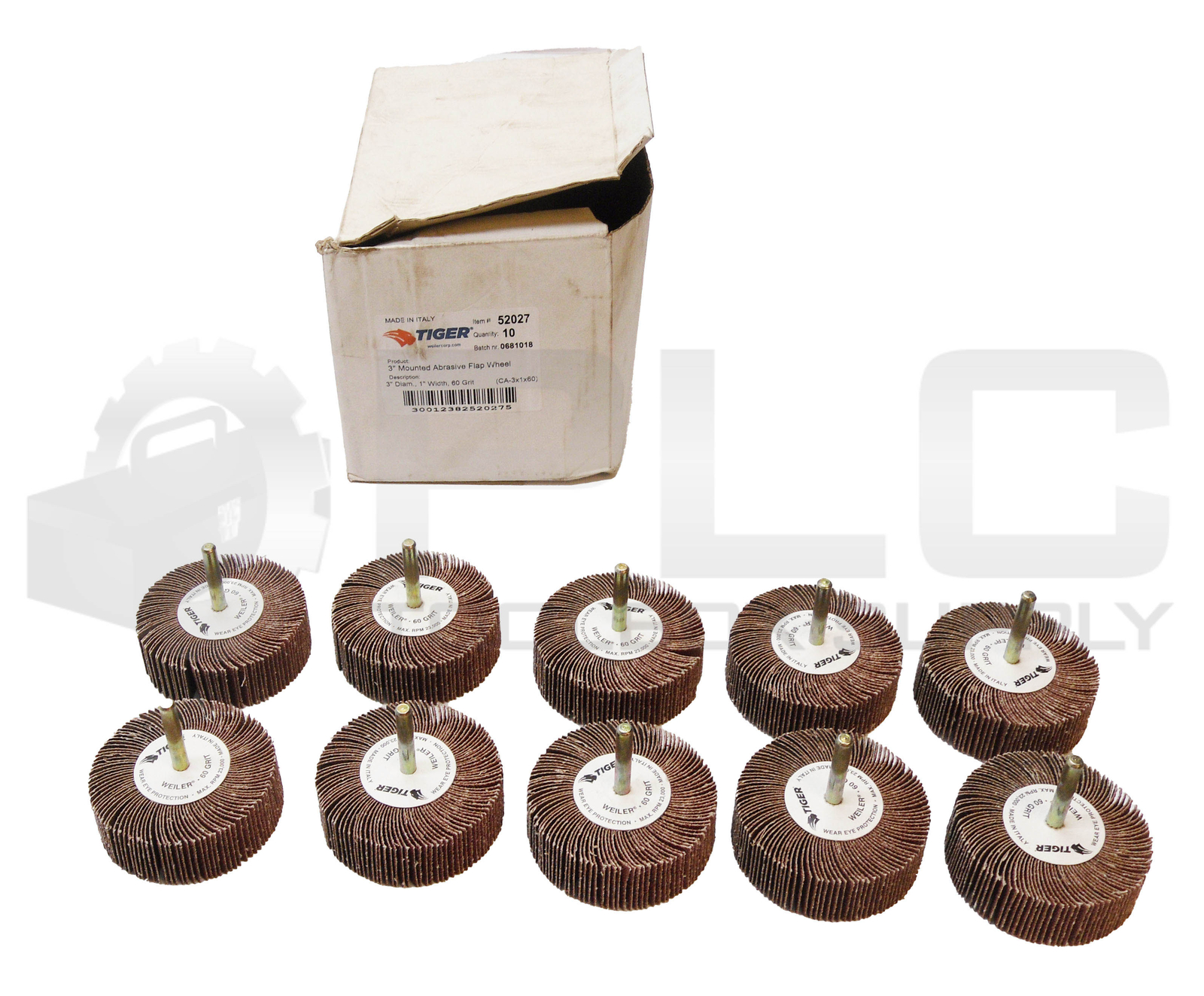 NEW BOX OF 10 TIGER 52027 MOUNTED ABRASIVE FLAP WHEELS 3″ 60 GRIT 23,000RPM