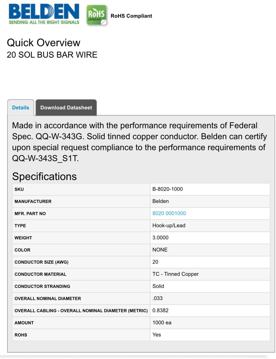BELDEN 8020-001000 COPPER TINNED WIRE, 20 AWG HOOK-UP BUSS WIRE (700+’) LB