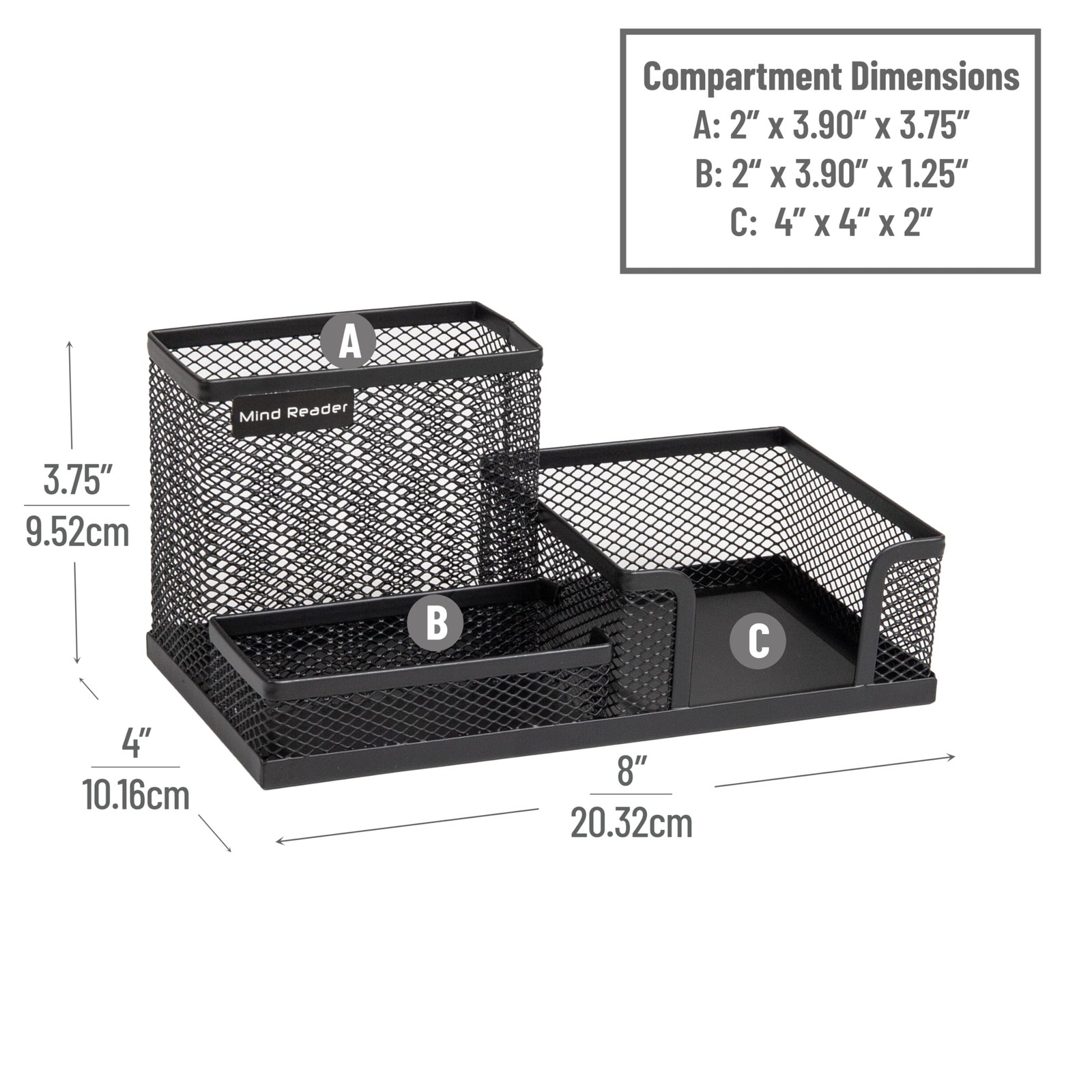 Mind Reader Desktop Organizer, Pen Holder, Clip Basket, 3 Compartments, Black