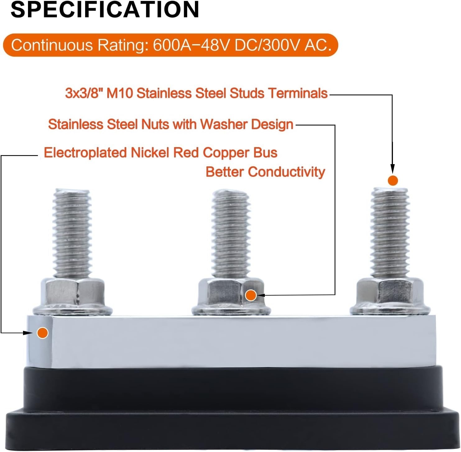2 Pk 600A High Current Bus Bar Nickel Plated Copper 3 Studs 3/8 M10 DC 12/24/48V
