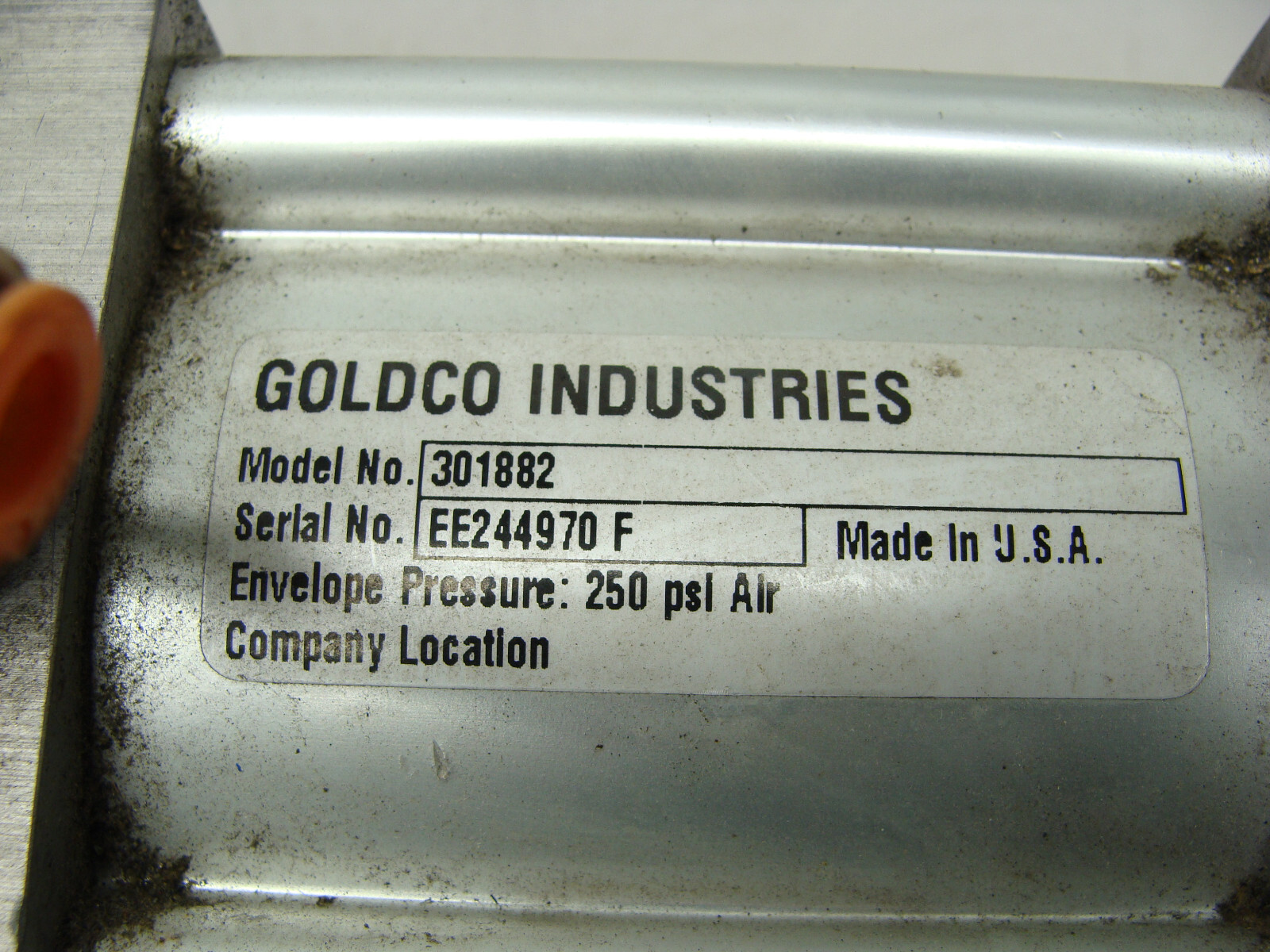 GOLDCO INDUSTRIES PNEUMATIC CYLINDER 301882 ENVELOPE PRESSURE: 250 PSI AIR