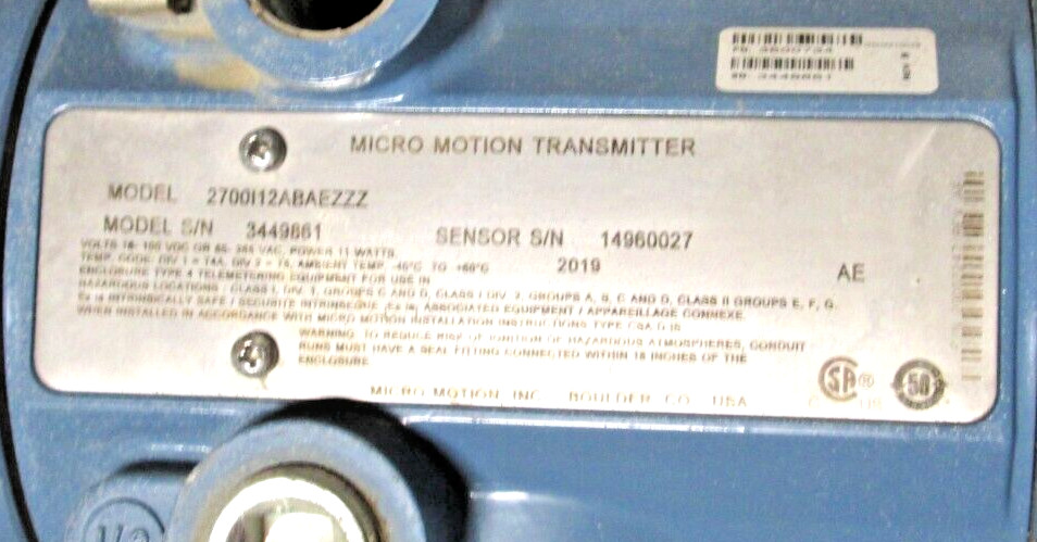 MICRO MOTION, 2″ X 1-1/2″ RF 600#, R200S420NCAAEZYZZ, W/ 2700I12ABAEZZZ, USED