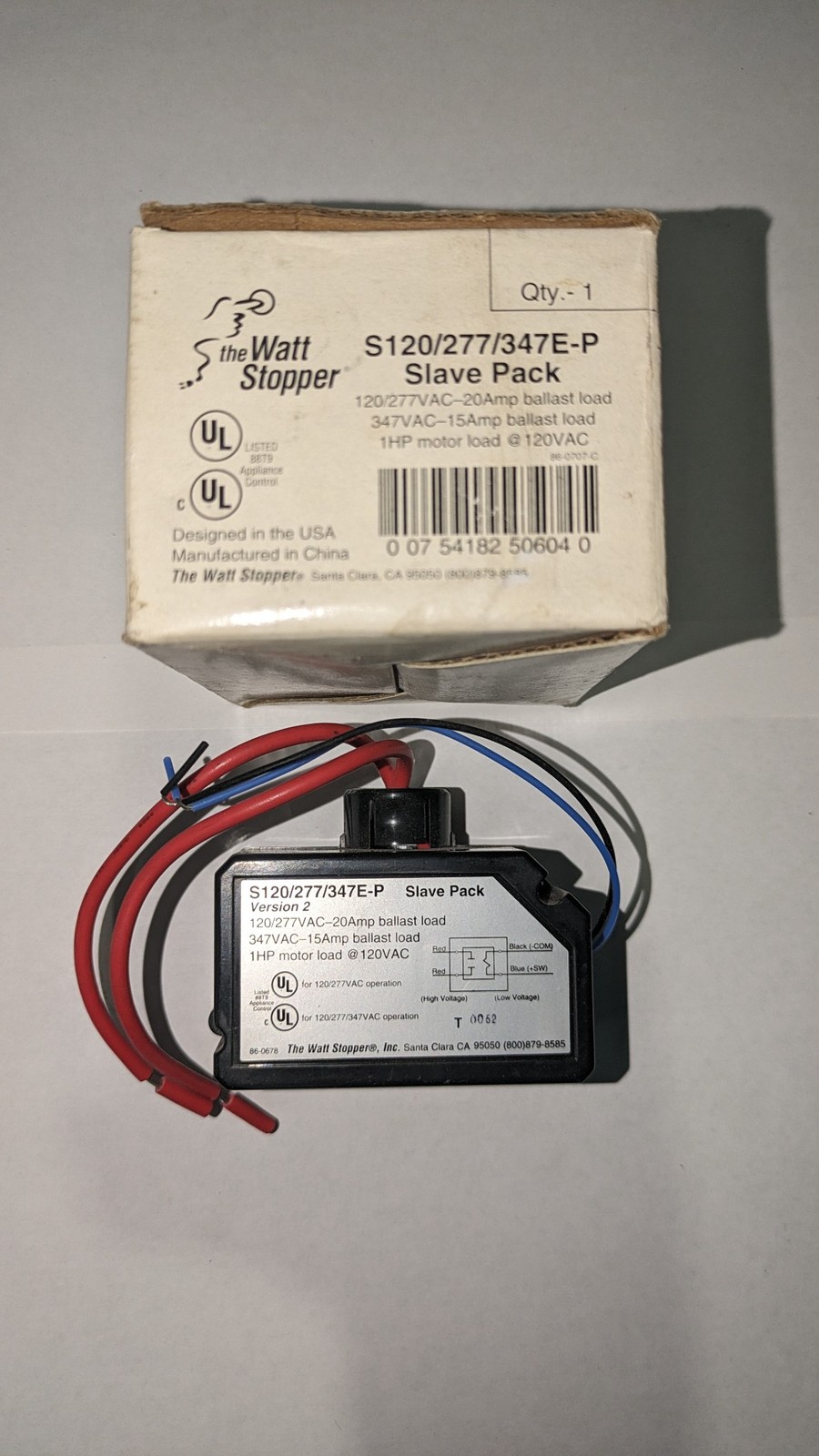 The Watt Stopper S120/277/347E-P Slave Pack Auxiliary Relay 120–347VAC 20A