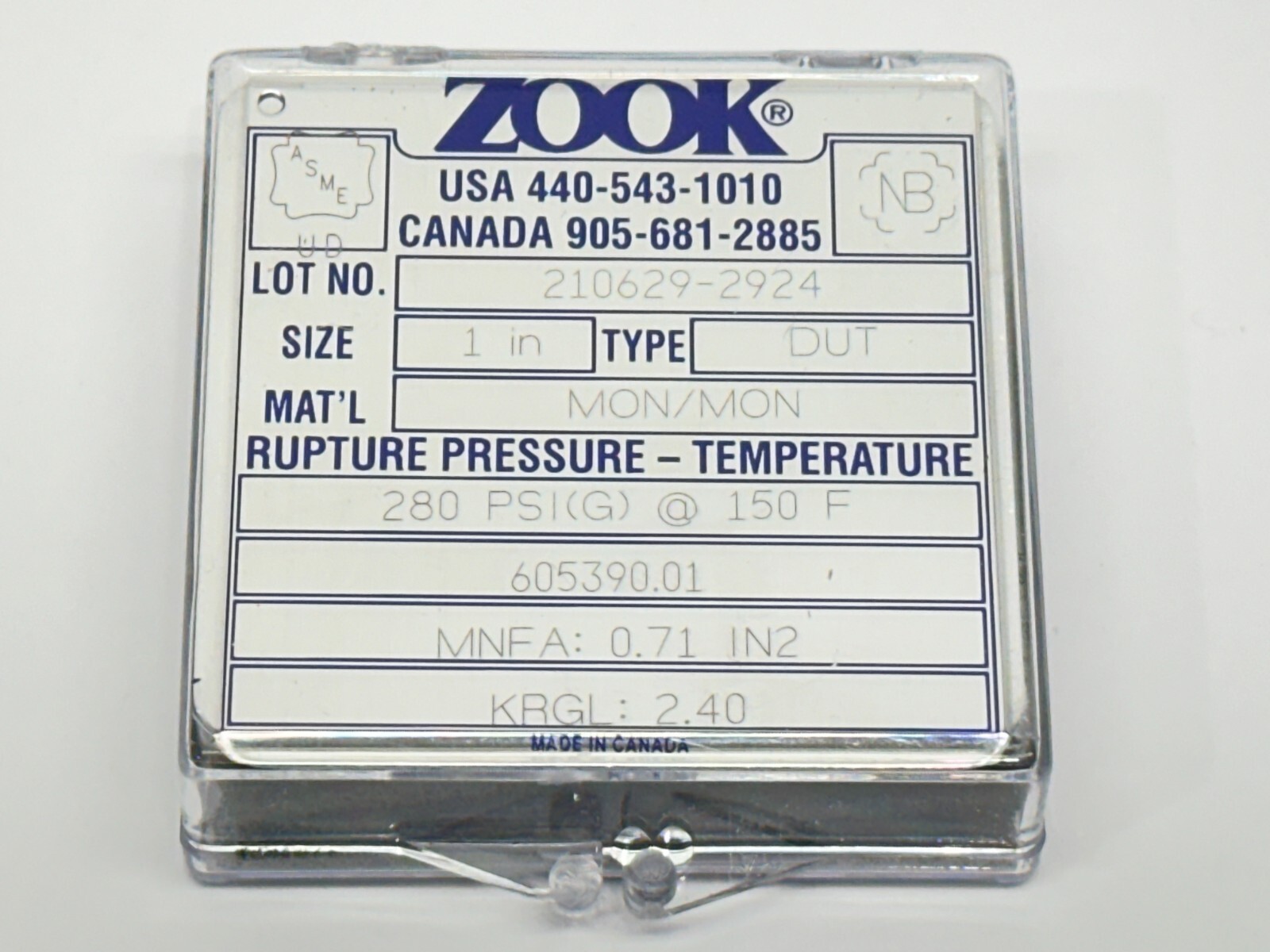 ZOOK D-0025-U00129 210629-2924 DUT Series 1″ Rupture Disk 280PSIG 150F 605390.01