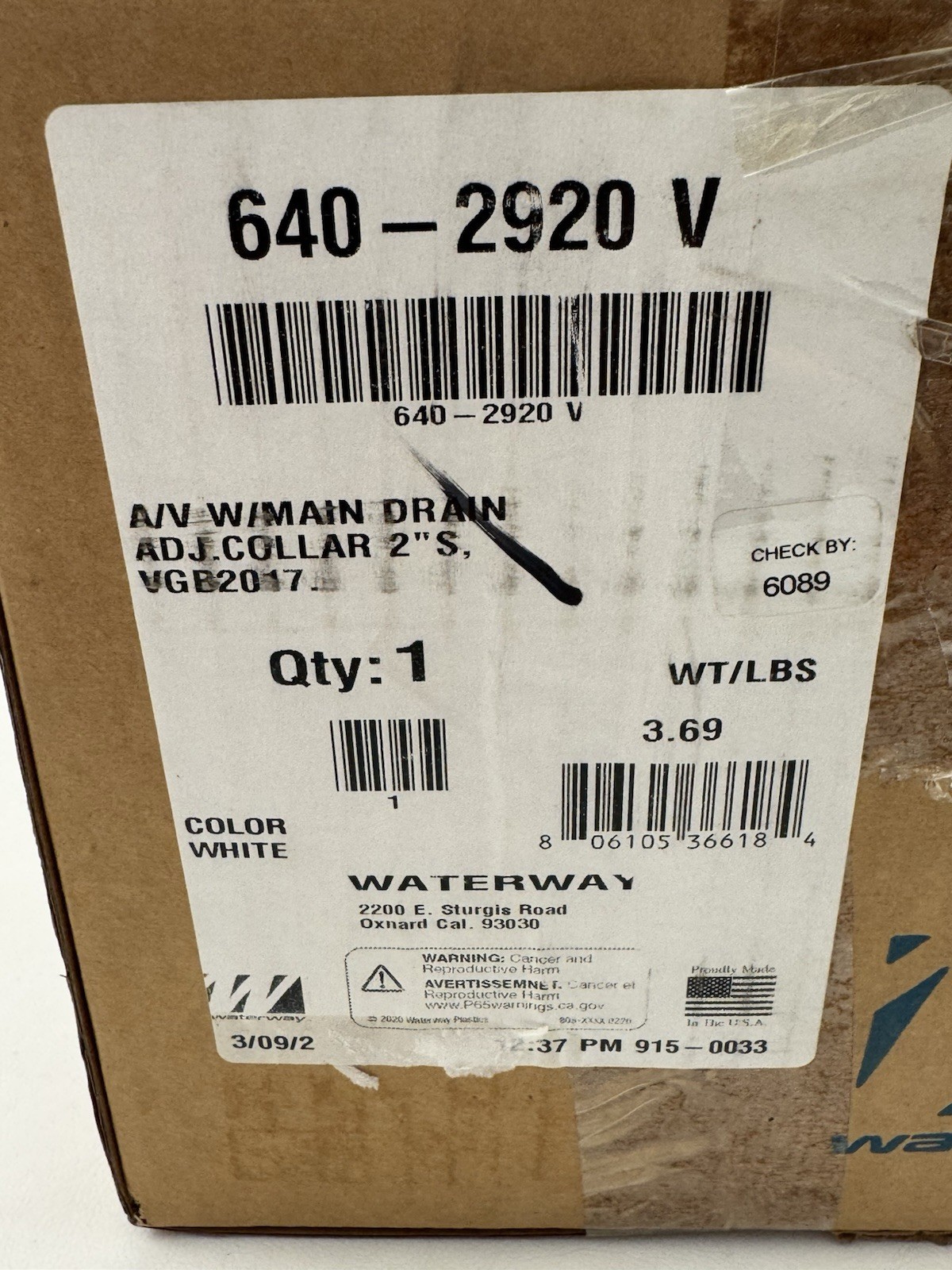 Waterway Plastics 640-2920 V Main Drain – White