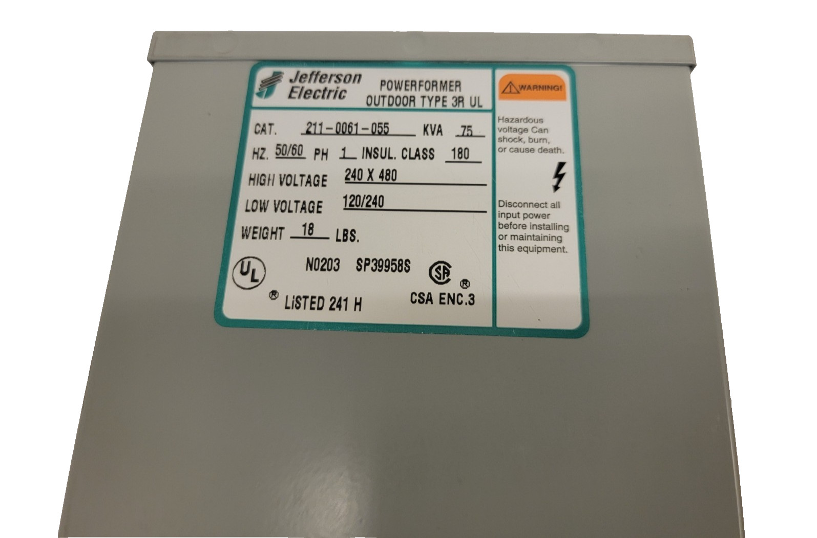 Jefferson Electric 211-0061-055 Powerformer Outdoor 3R UL Control Transformer