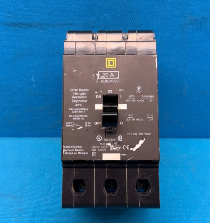 Square D EDB34020 Circuit Breaker 20A 3P 480Y/277V Bolt-On Schneider