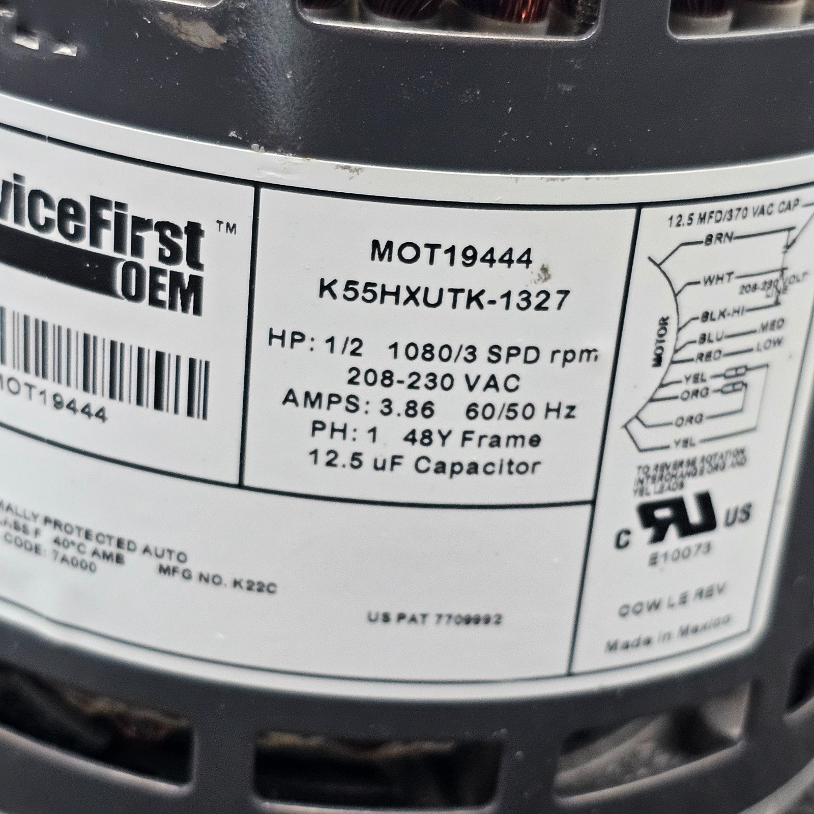 ServiceFirst MOT19444 Electric Motor 208-230V 1/2HP 1080rpm 3 Speed