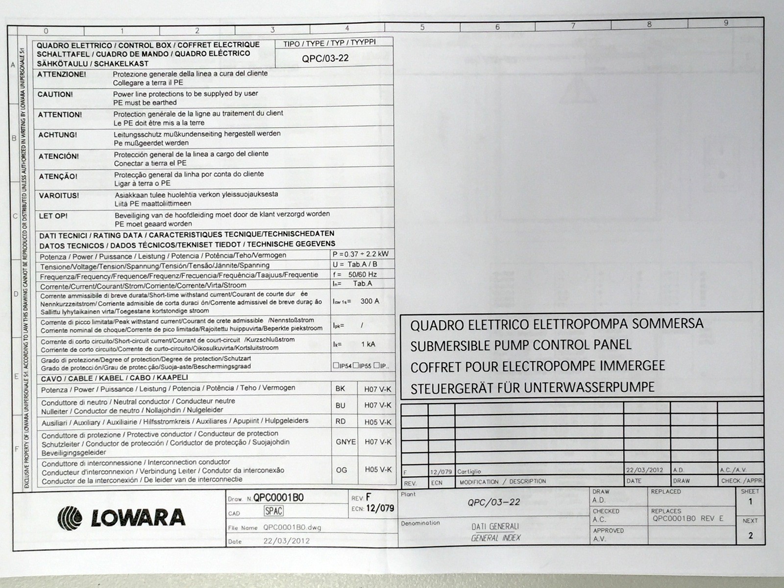 LOWARA QPC/22 Quadro Pump Control Box 220-230V 1~50Hz 16A 70M IP54 for Borehole