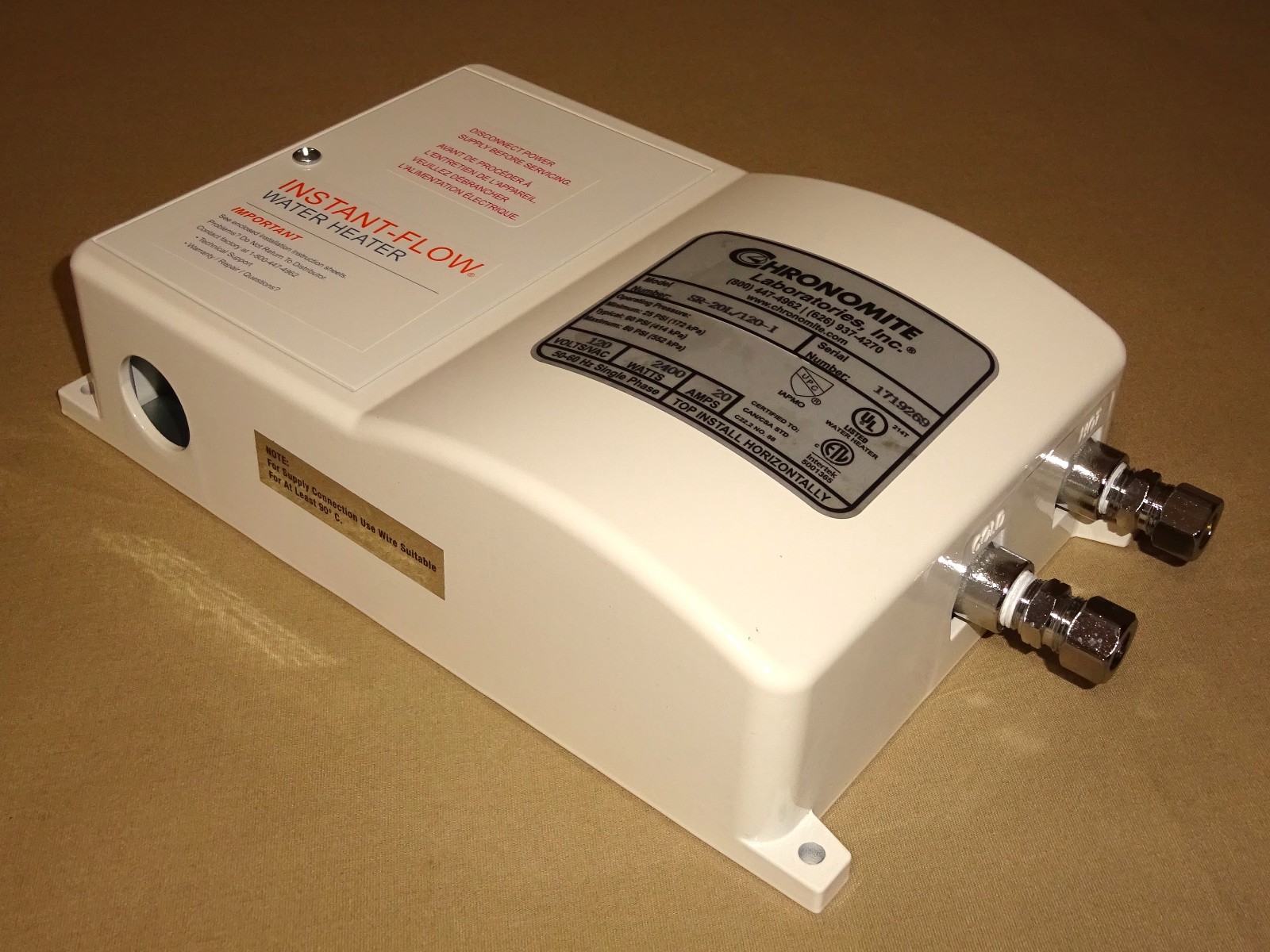 Chronomite SR-20L/120-I Tankless Water Heater 120VAC 20Amp SR Series NEW