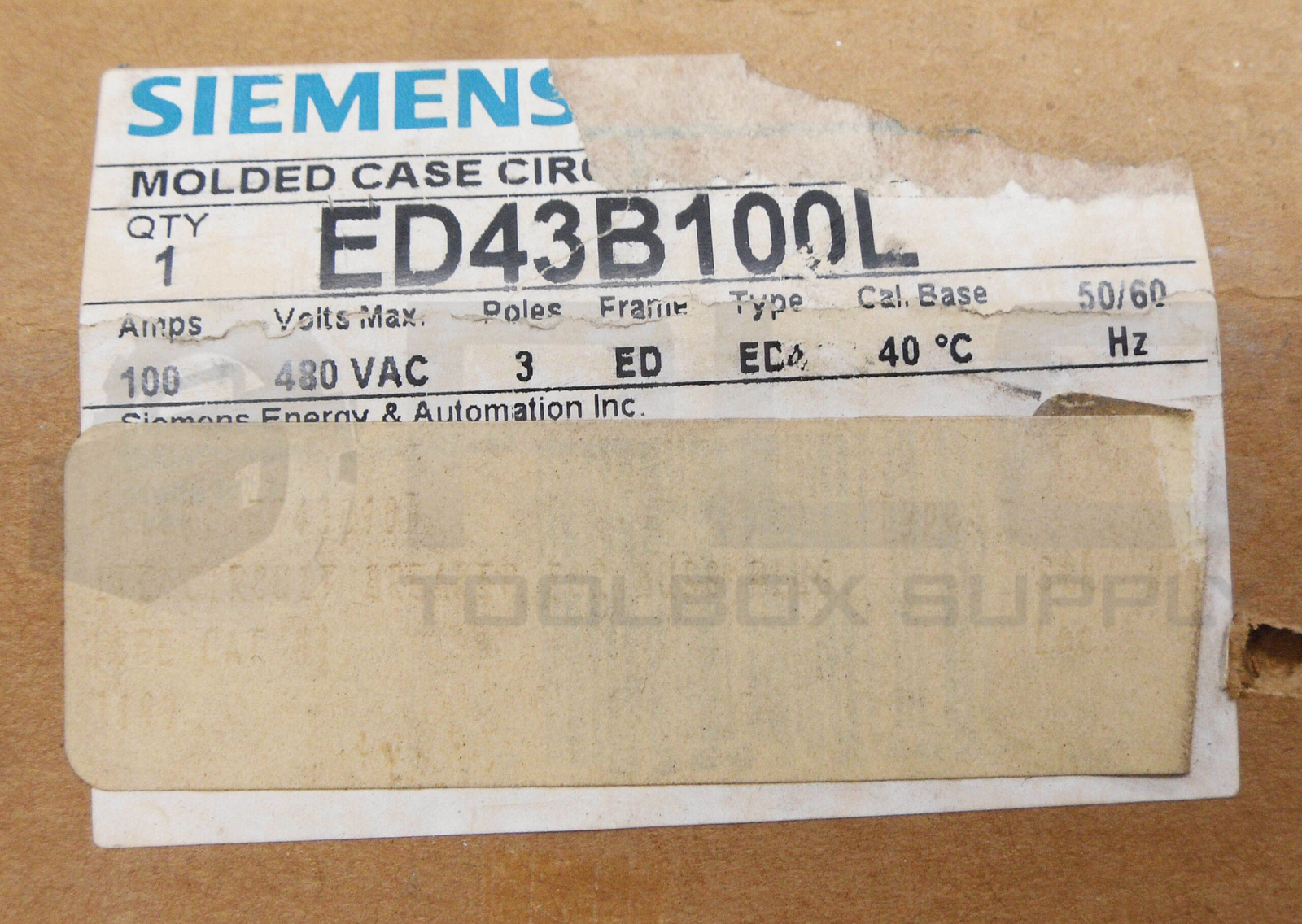 NEW SIEMENS ED43B100L MOLDED CASE CIRCUIT BREAKER 100A 480VAC 3 POLE 50/60HZ