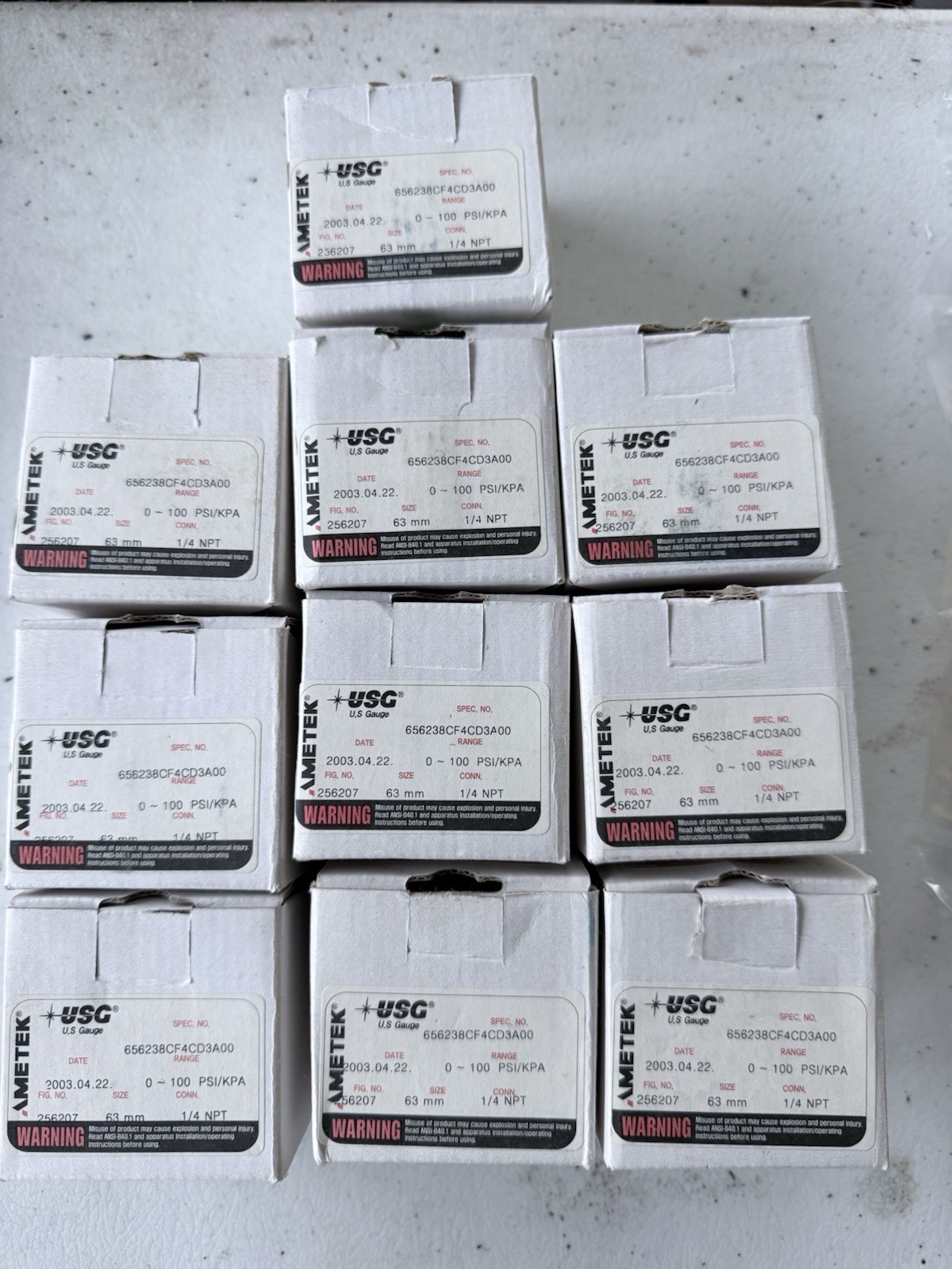 LOT OF 10, AMETEK USG GAUGE 256207, 0-100 PSI/KPA 1/4″ NPT, SST, 656238CF4CD3A00