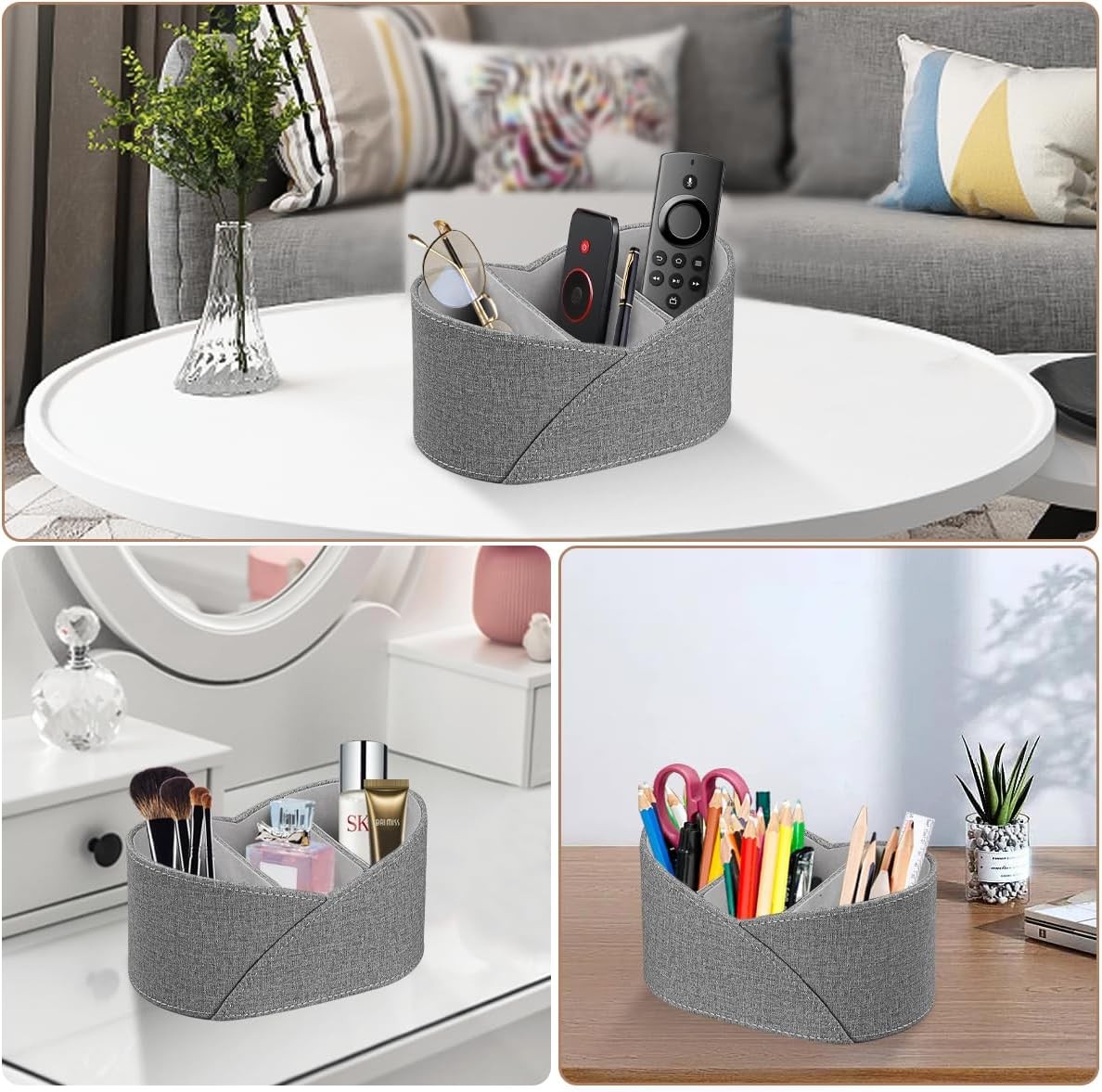 PU Leather Remote Control Holder with 3 Compartments, Remotes Holder, Grey