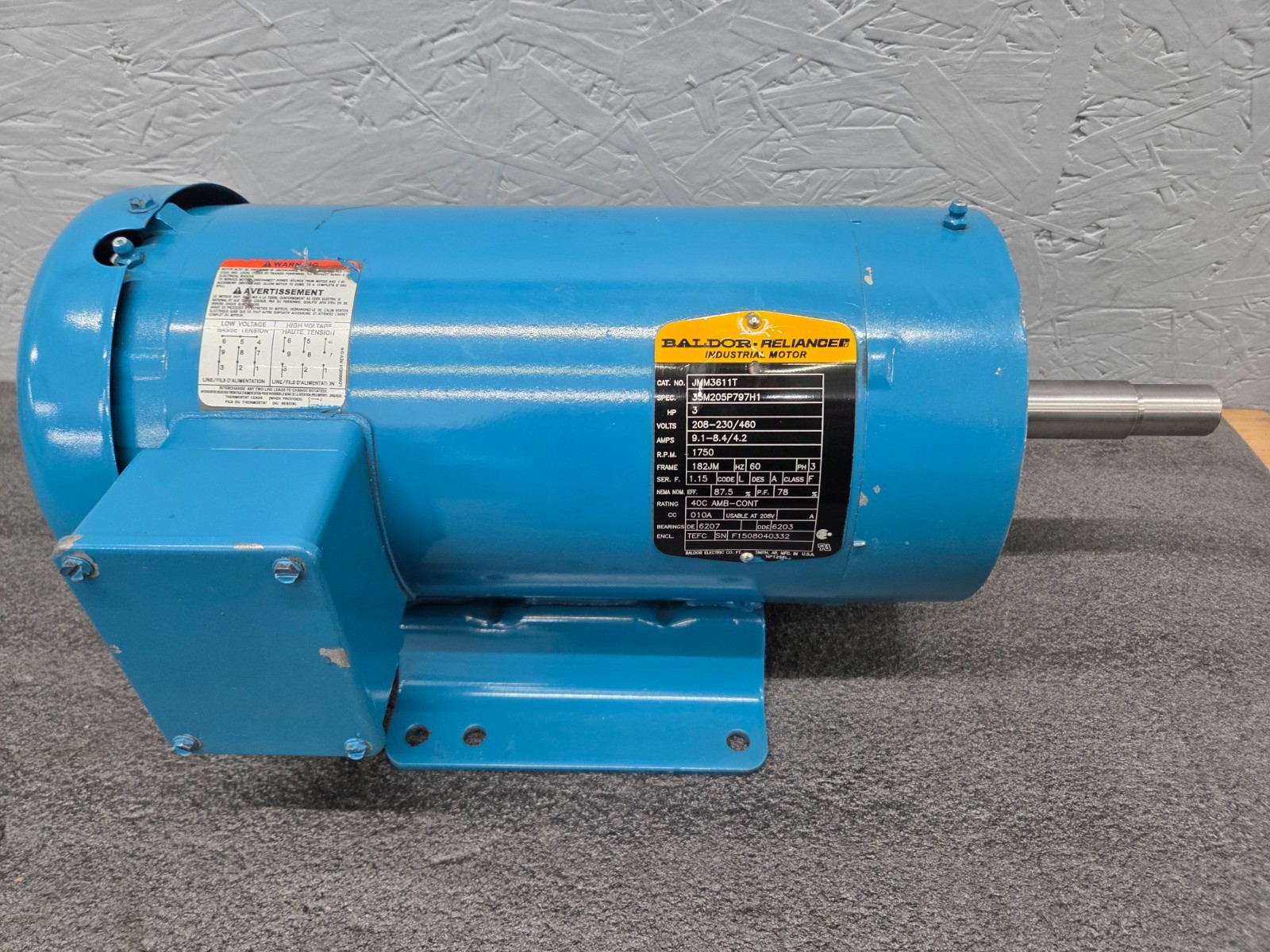 BALDOR Electric Pump Motor, 3 HP, 230/460V, 3 Phase, 1750 RPM, 182JM, JMM3611T