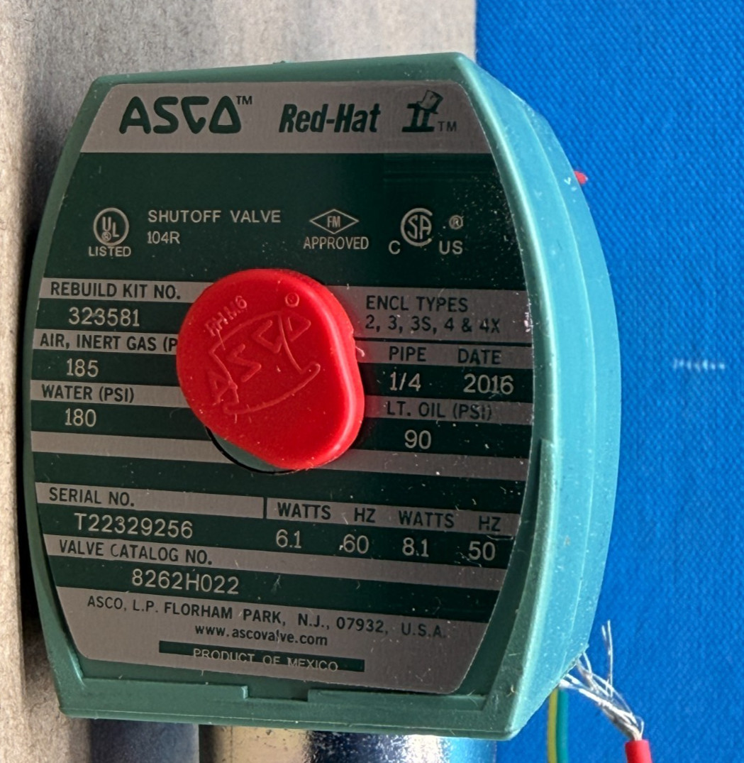ASCO 8262H022 Red Hat Solenoid Valve 24VDC 1/4″ NPT Brass Shutoff Valve