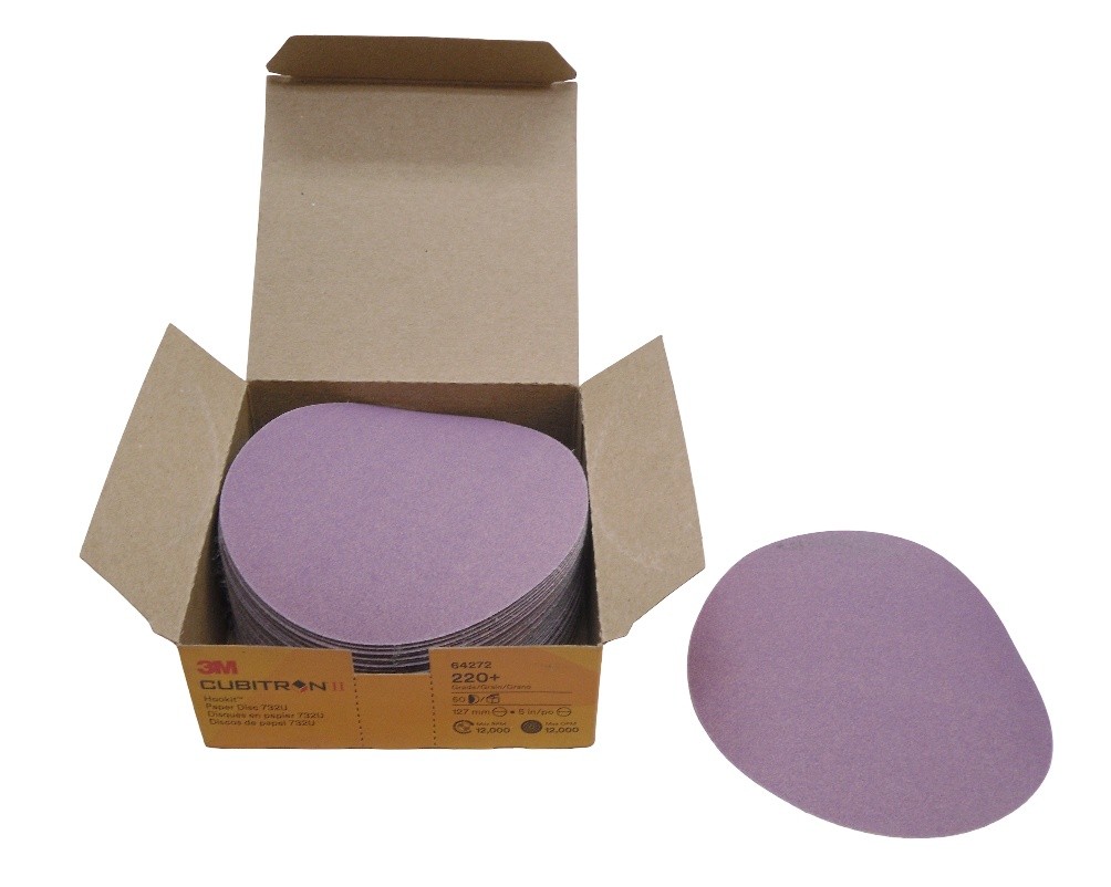 BOX OF 50 NEW 3M 64272 CUBITRON II HOOKIT PAPER DISC 732U, 220+ GRADE, 5″, 127MM