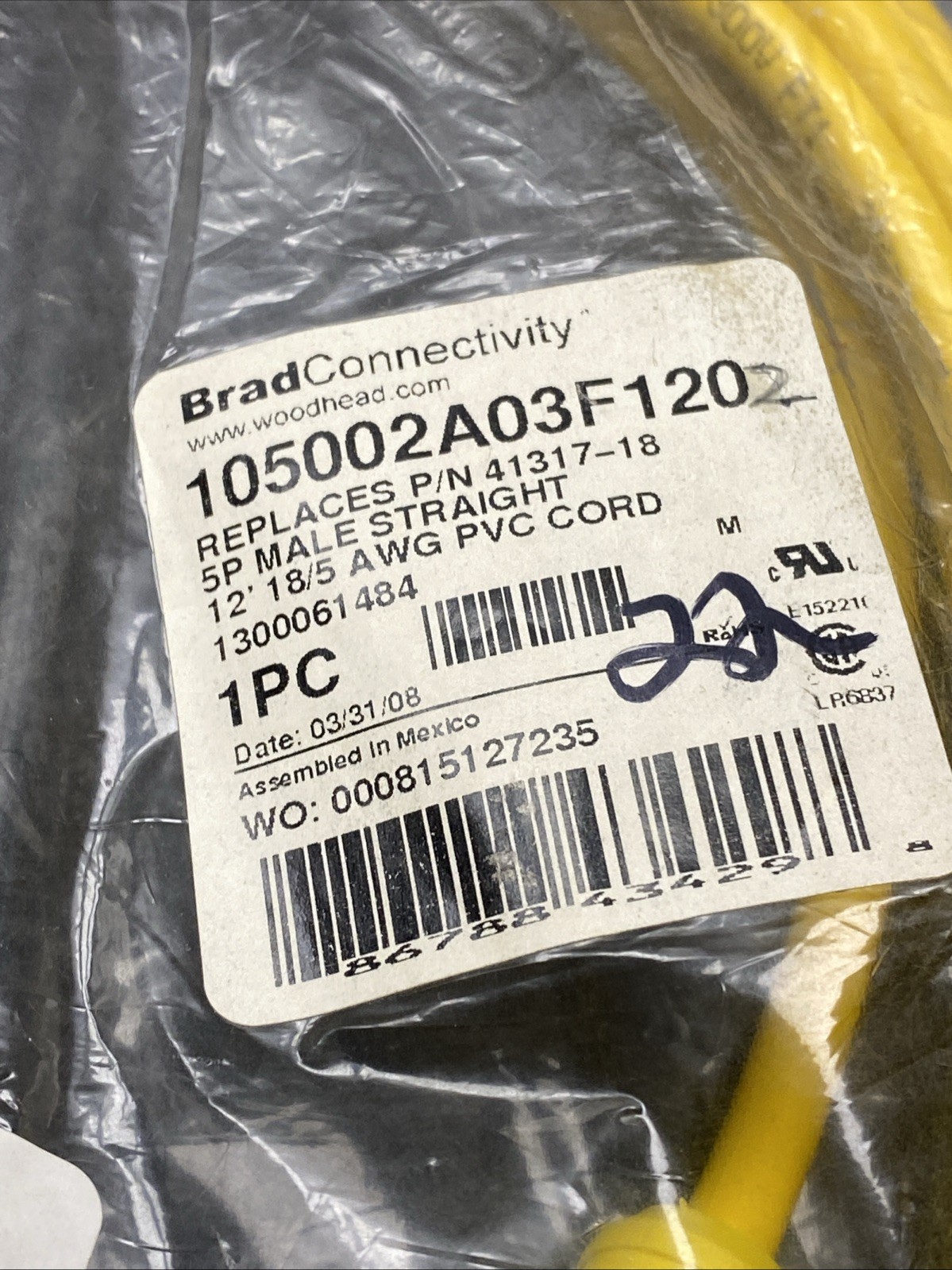 NEW OLD STOCK! BRAD CONNECTIVITY WOODHEAD 5P MALE CORDSET 105002A03F120