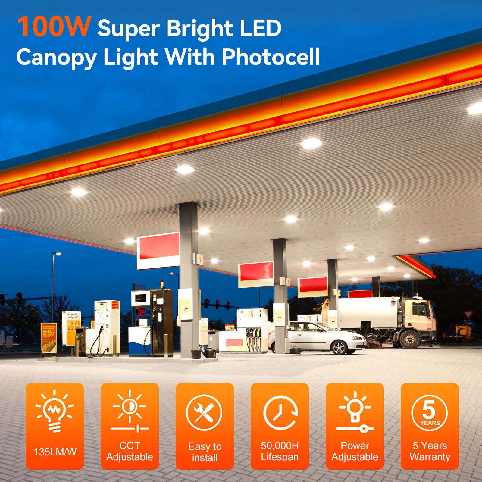 100W LED Gas Station Canopy Light Parking Lot Garage Lamp with Photocell 13500LM