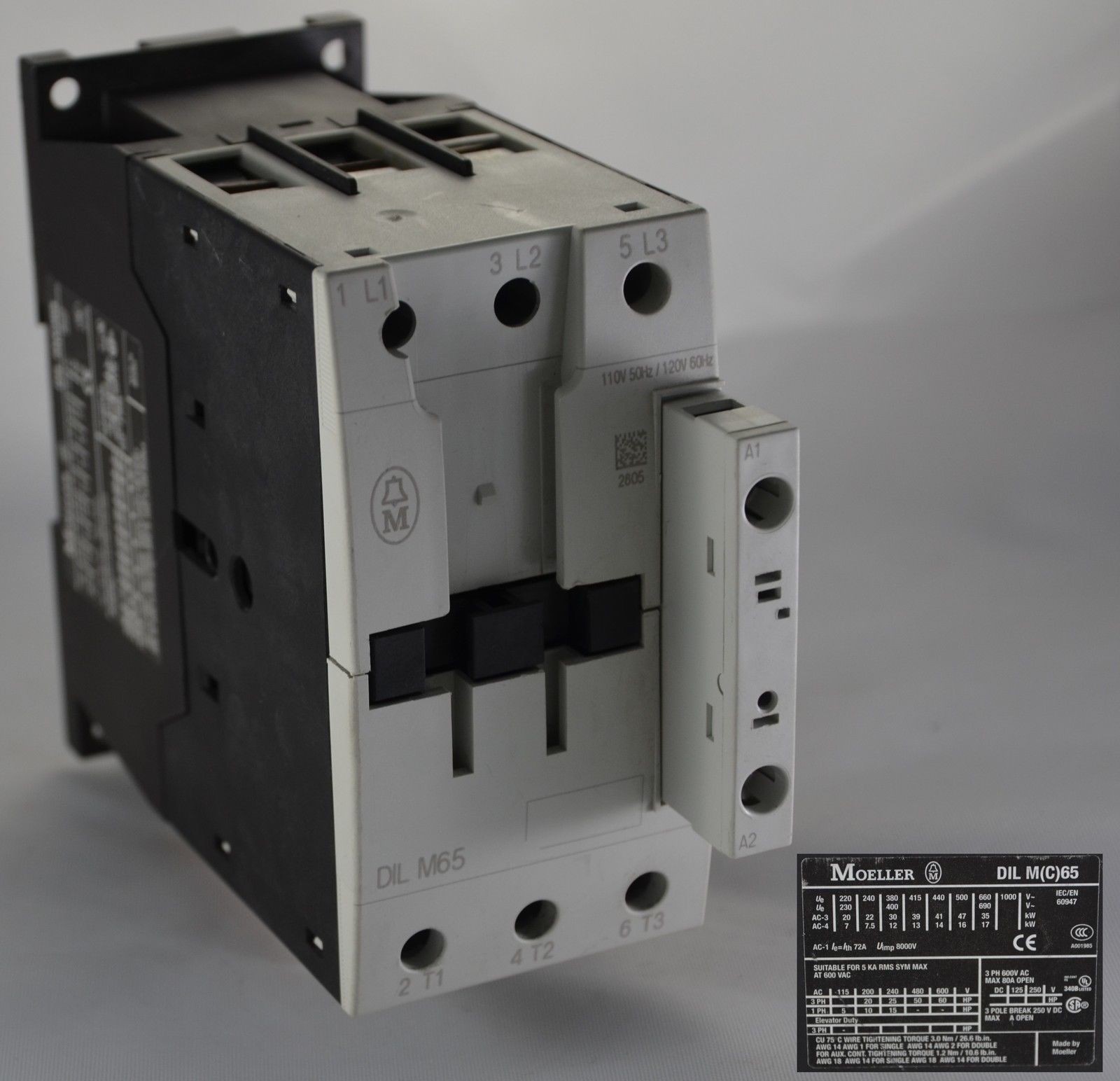 DILM65 110/120VAC Klockner Moeller Contactor DIL DILM 65 A, 30 kW 50HP460V