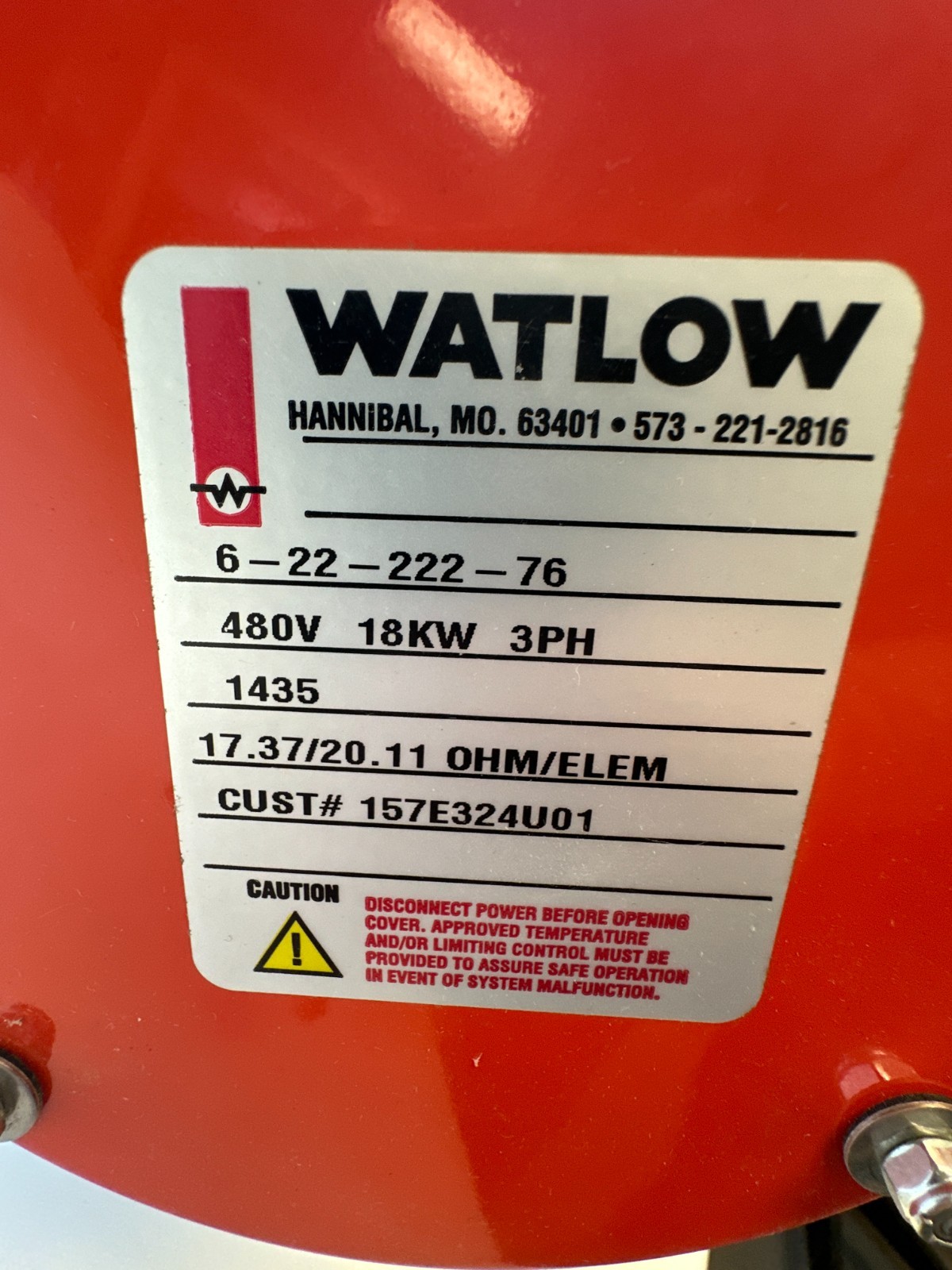 Watlow 6-22-222-76 Tubular Immersion Heater 480V 18kw 3ph 1435 17.37/20.11 OHM