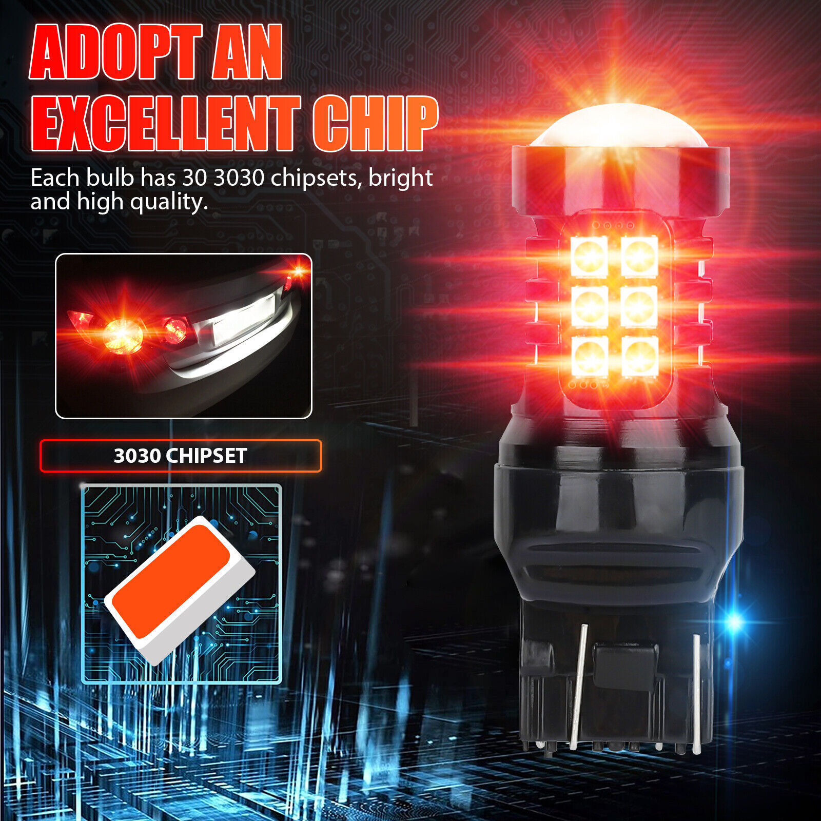 2PCS 7443 Red LED Strobe Bulbs: Blinking Brake, Stop, Tail & Parking Lights