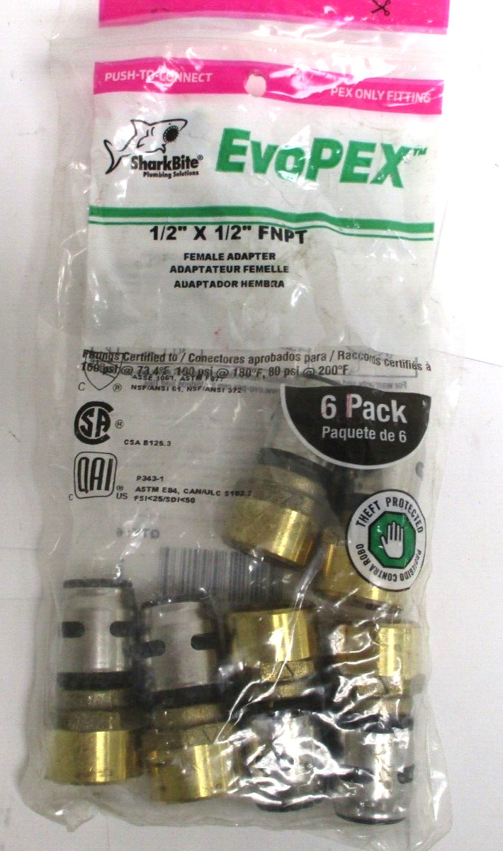 SHARKBITE , EVOPEX , K072A6, 1/2″ X 1/2″ FNPT ADAPTER , LOT OF 12 , SURPLUS
