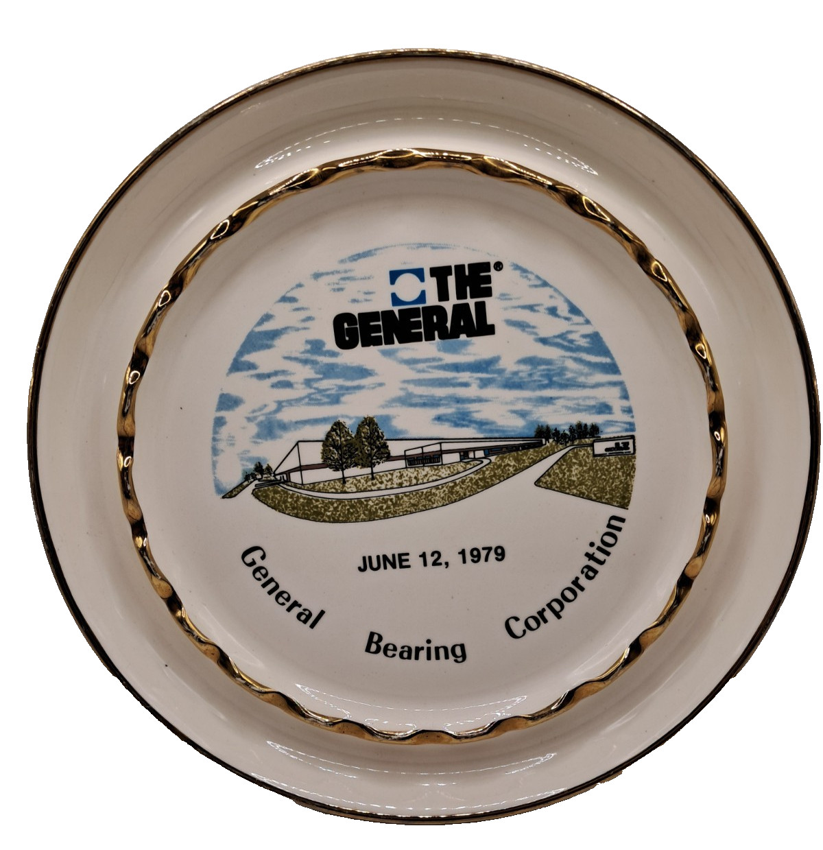General Bearing Corporation Advertising Gold Trim Ceramic Ashtray Trinket Dish