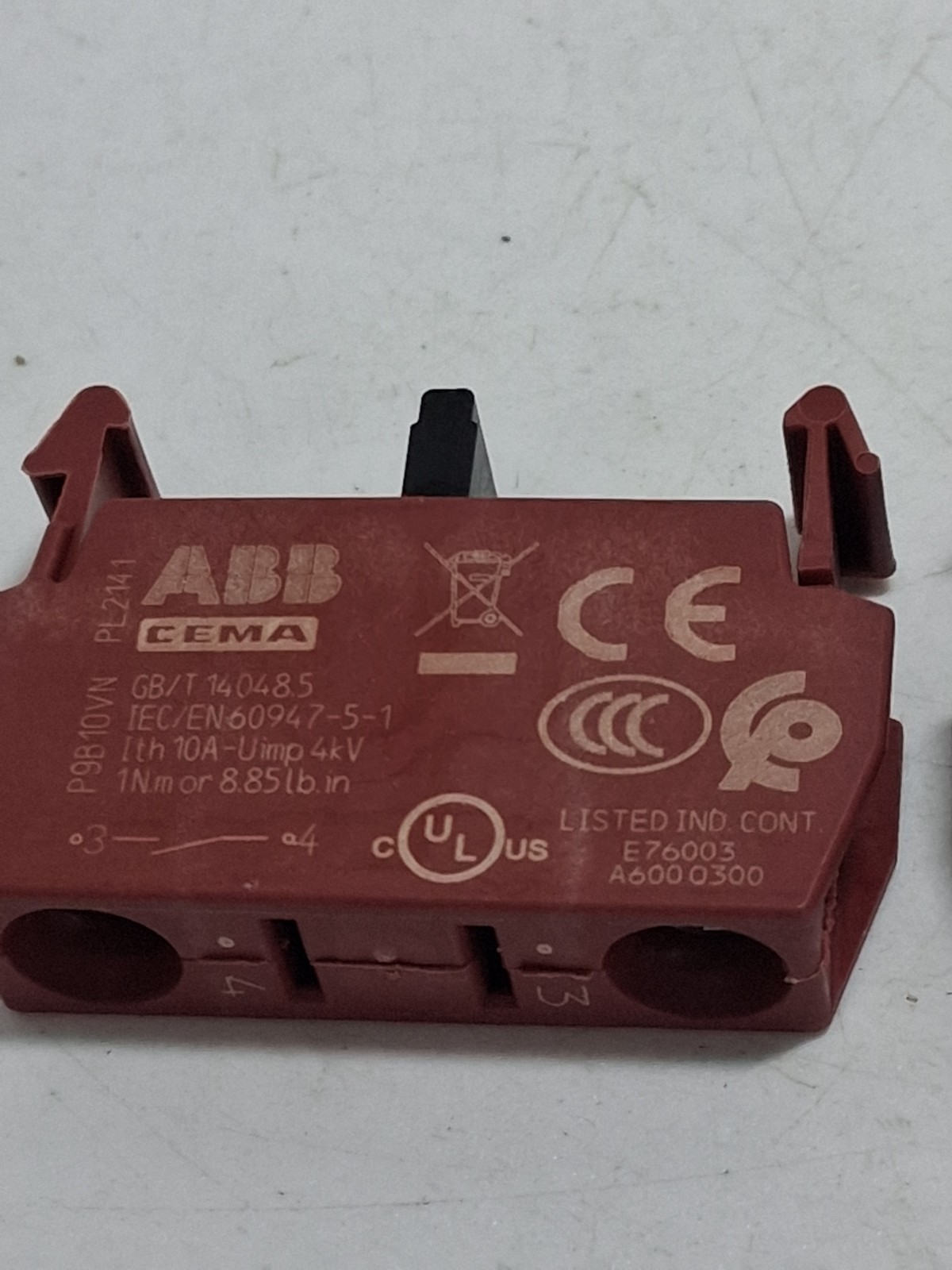 ABB P9B10VN CONTACT BLOCK 1NO 10A 600V (LOT OF 2)