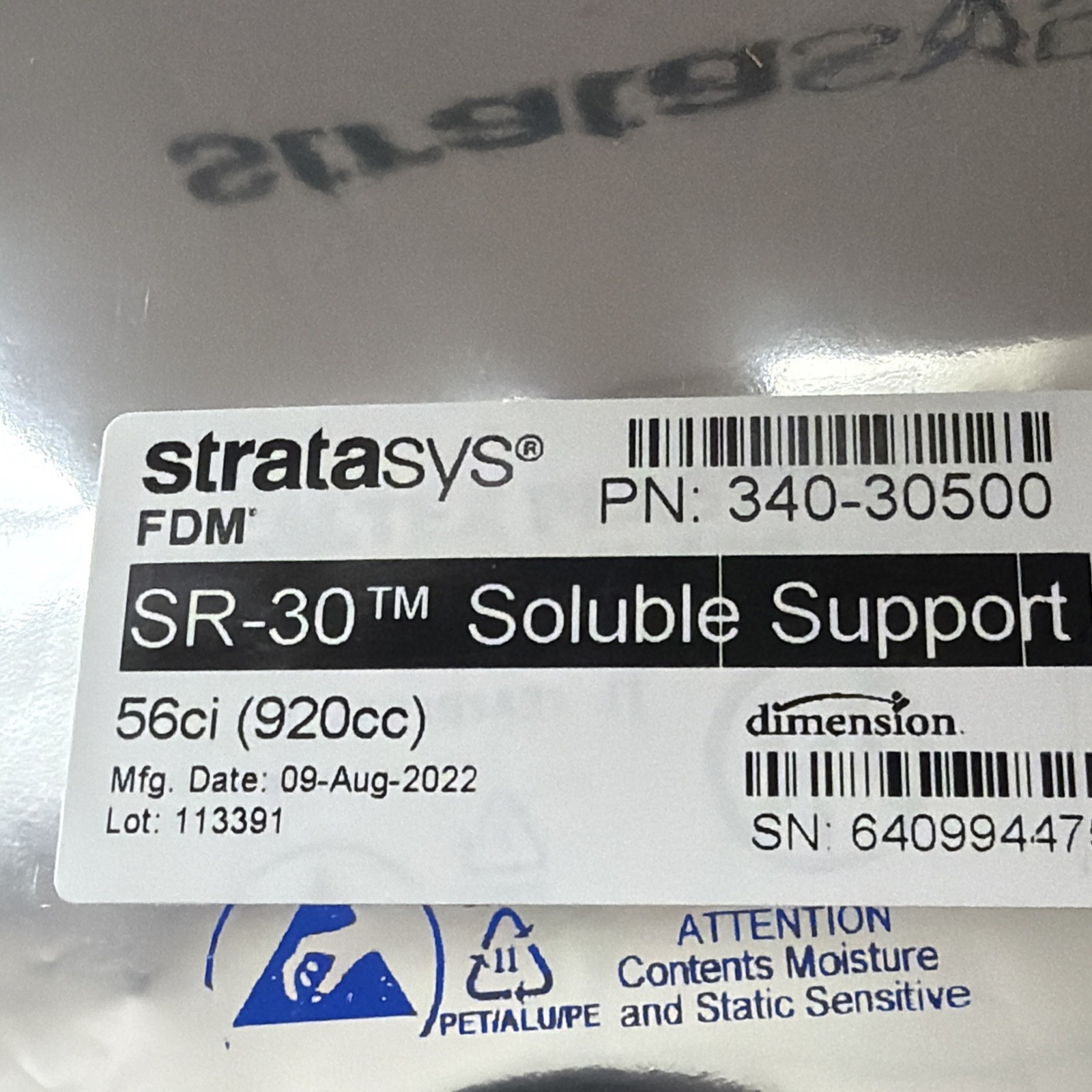 STRATASYS FDM SR-30 SOLUBLE SUPPORT 56CI 340-30500