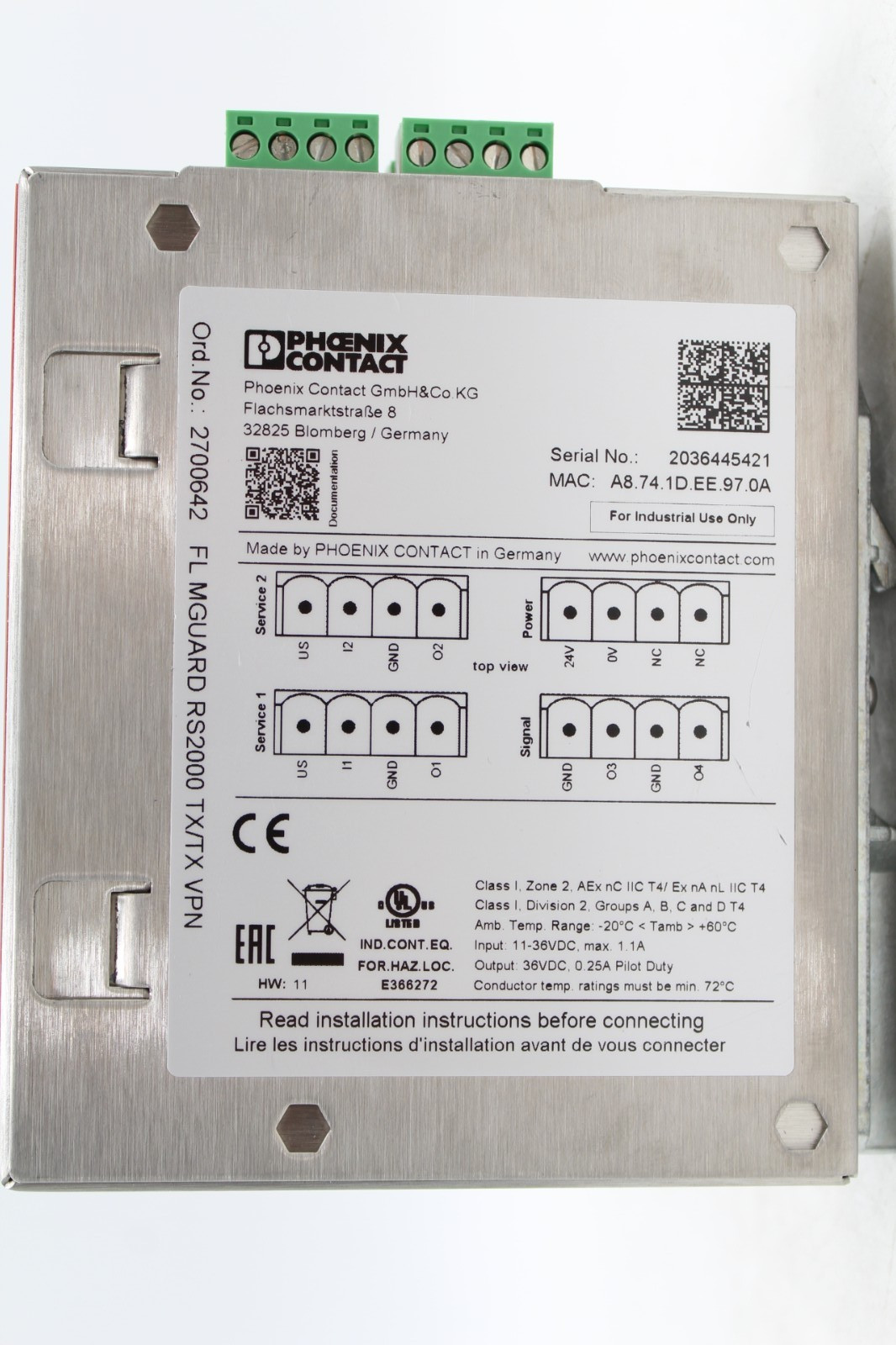 Phoenix Contact FL MGUARD RS2000 TX/TX VPN Remote Maintenance Networking Router