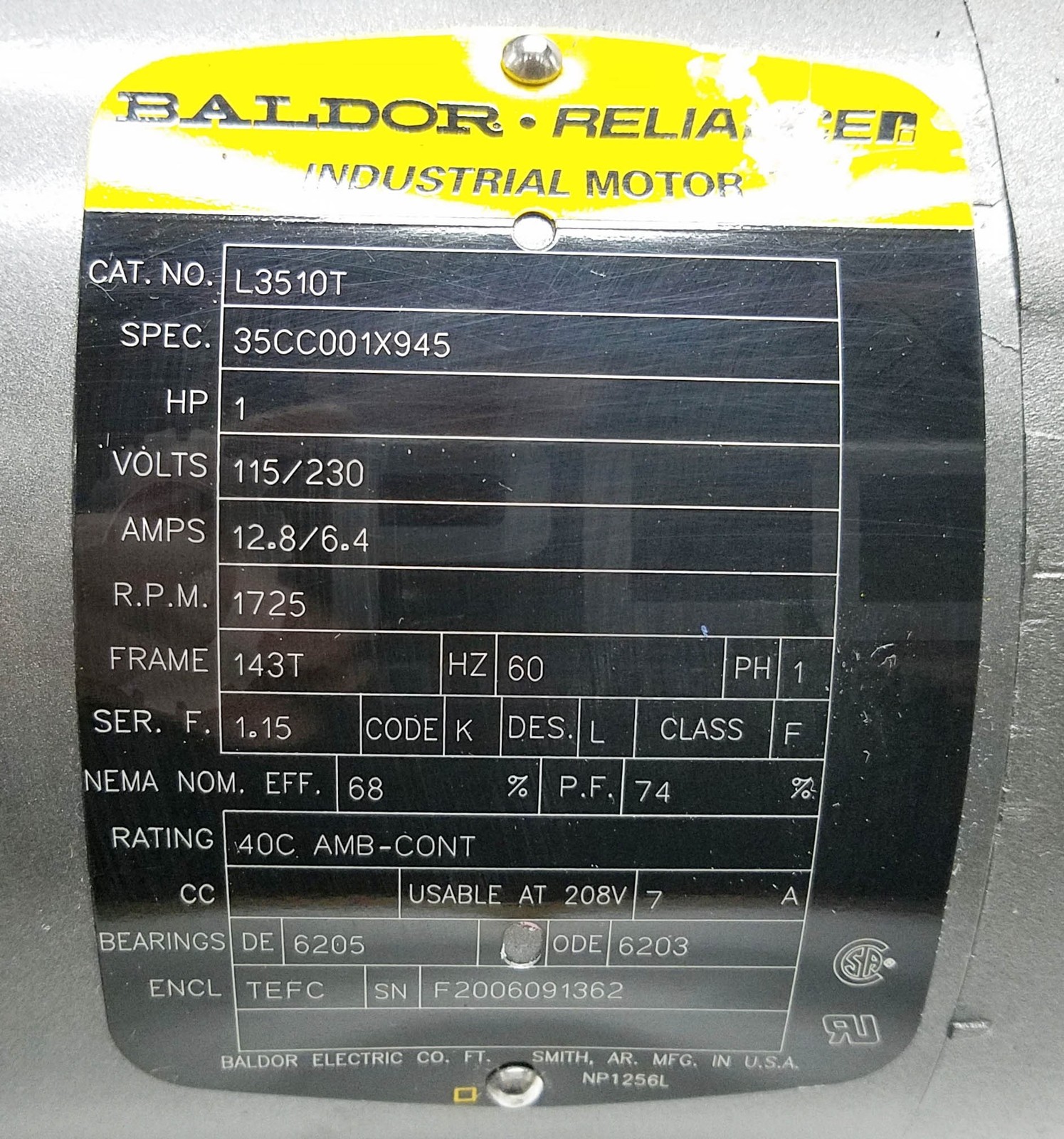 NEW BALDOR L3510T MOTOR 1HP 1PH 1725RPM FR: 143T, SPEC: 35CC001X945