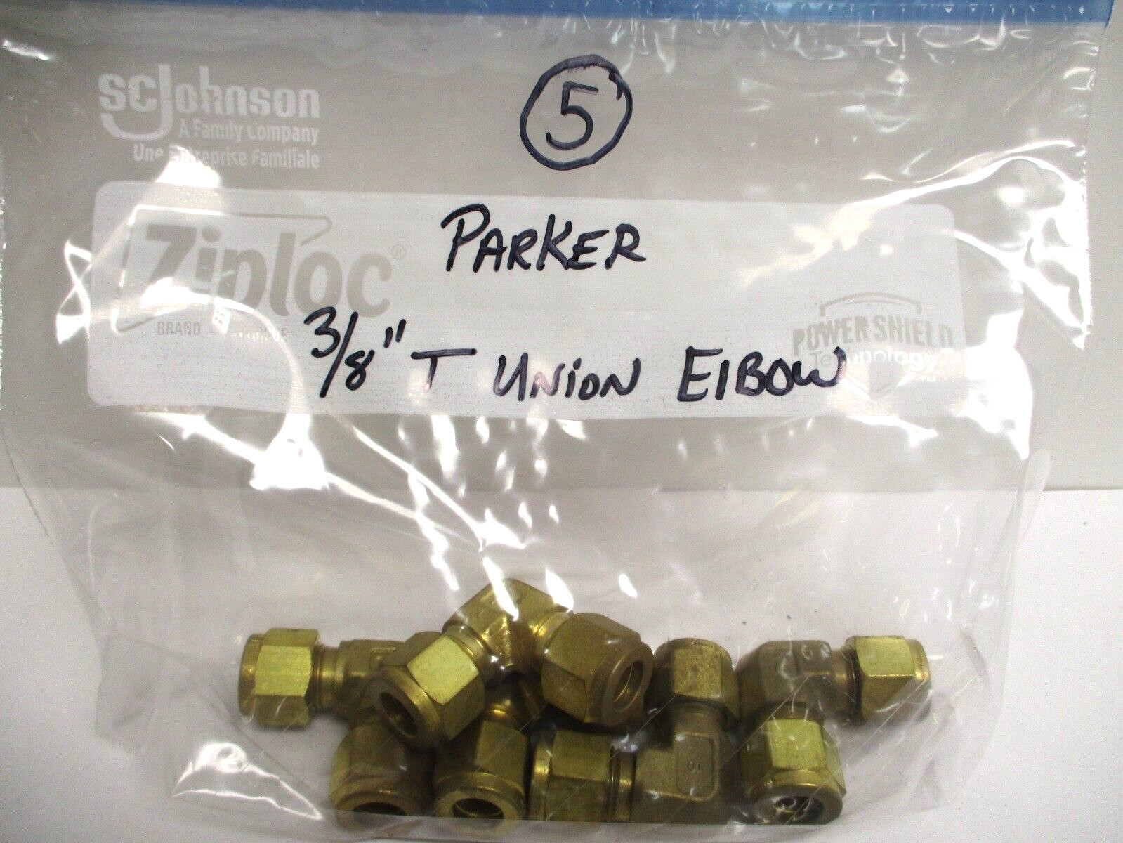 PARKER , BRASS , 3/8″ TUBE UNION ELBOW FITTING , LOT OF 5 , SURPLUS