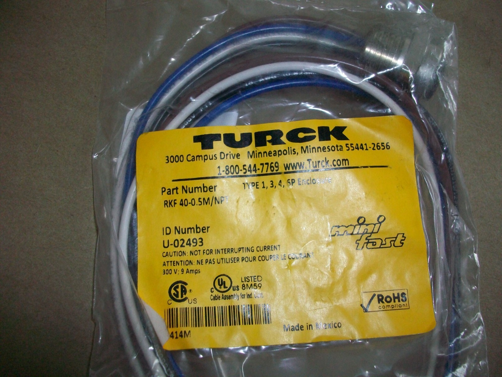 Turck Bulkhead Cordset RKF 40-0.5M/NPT U-02493 4 POLE NEW