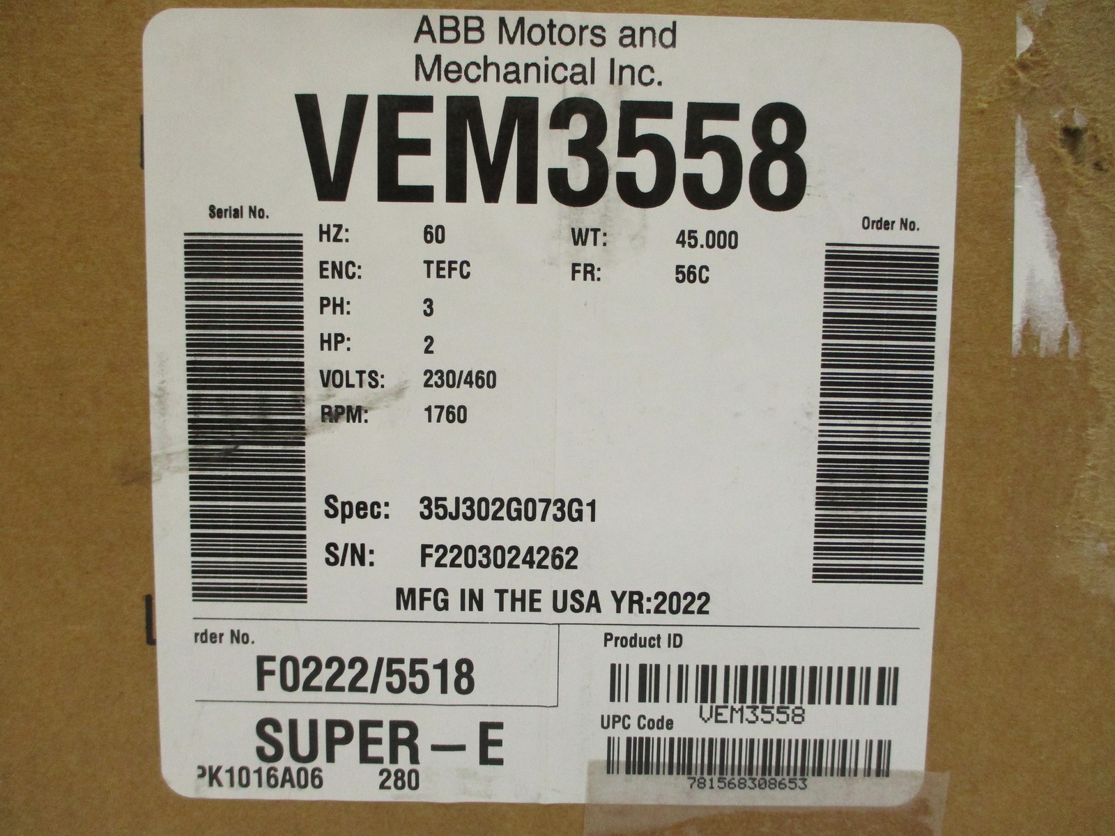 BALDOR VEM3558 35J302G073G1 230/460V 5.6/2.8A NSMP