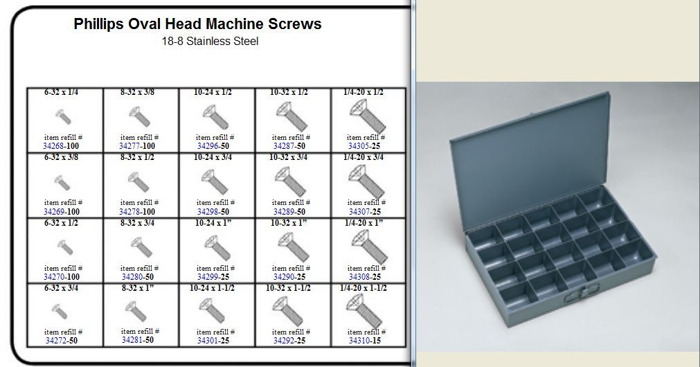 Stainless Phillips Oval Head Machine Screw Assortment in Locking Metal Tray