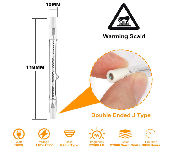 R7S Halogen Bulbs 500W 120V, R7S T3 118mm 500W Bulbs 4.6 Inch, J Type Double End