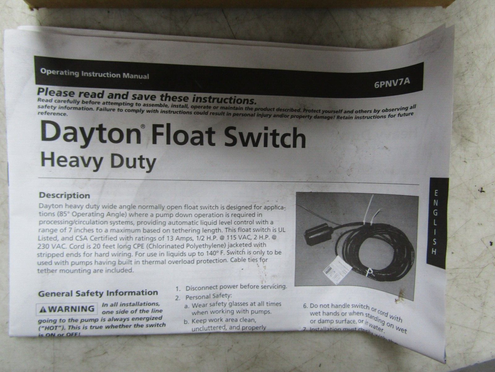 💥NEW DAYTON HEAVY DUTY FLOAT SWITCH 13 AMP 115/230 VAC 6PNV7A