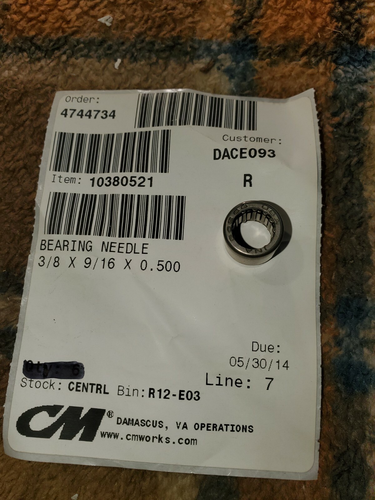 COLUMBUS MCKINNON BEARING NEEDLE 10380521 3/8 X 9/16 X 0.500