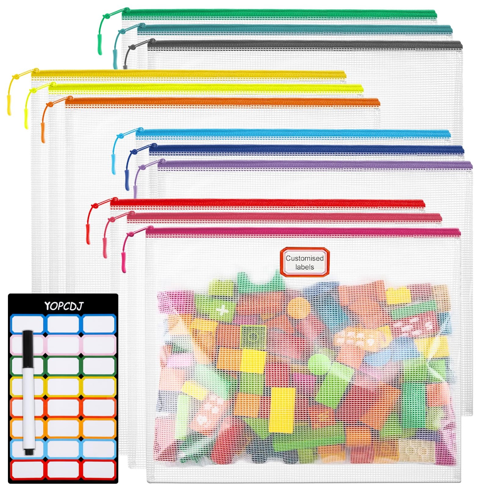 YOPCDJ 12pcs Mesh Zipper Pouch Bags, A4 Puzzle Bag (12 Colors, 9×13, 12 Color