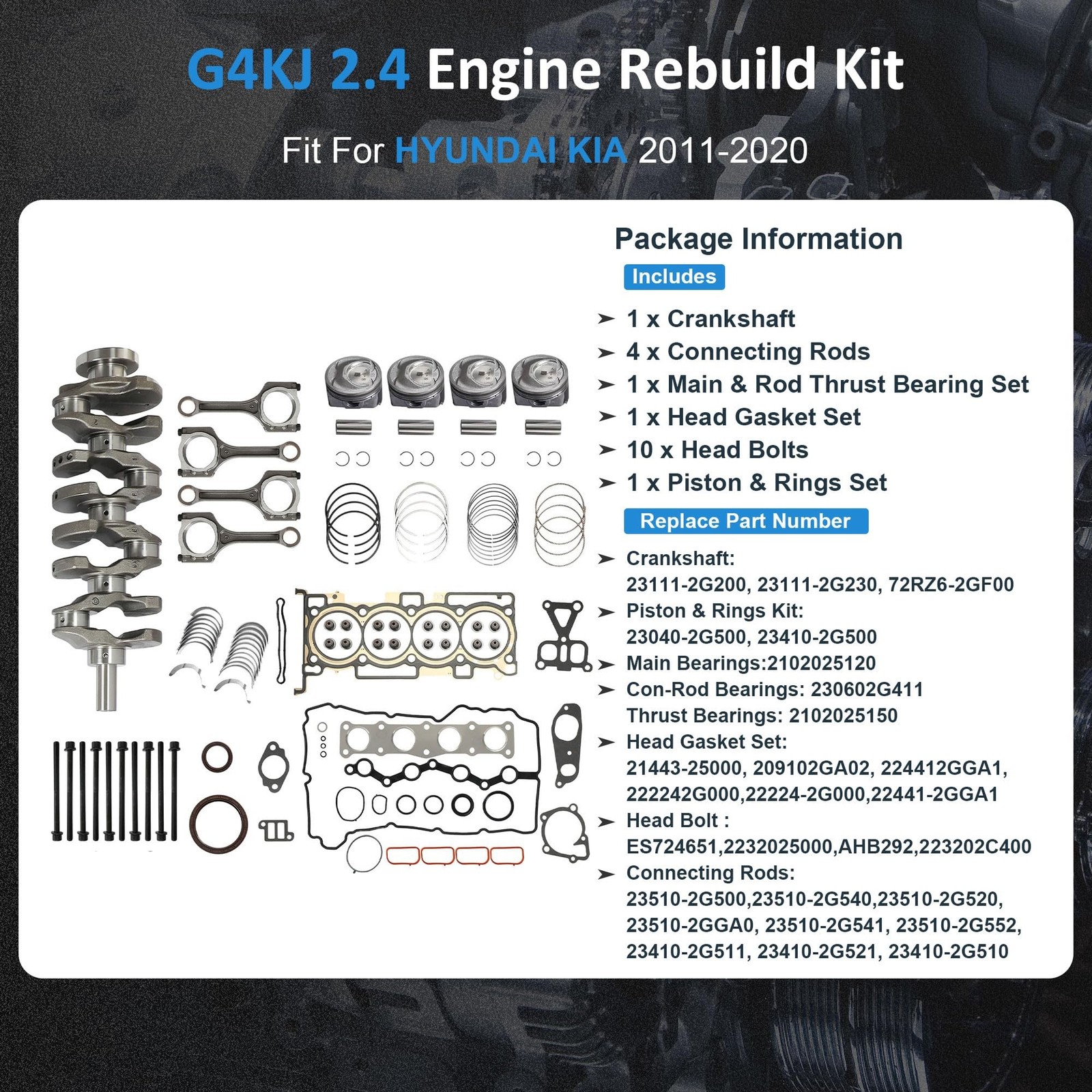 G4KJ 2.4 Engine Rebuild overhaul Kit w/Crankshaft Con-Rods Bearings Set Head …