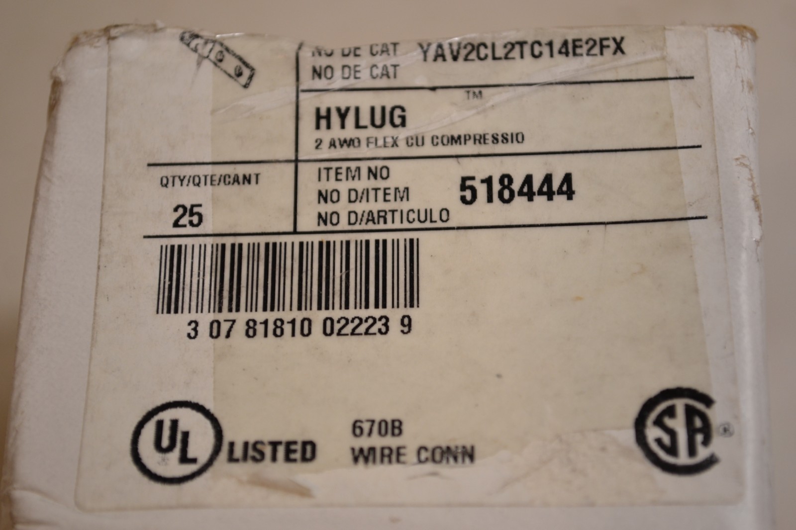 Burndy YAV2CL2TC14E2FX Hylug Cable Lug 2 Hole P/N 518444 2 AWG Box of 25
