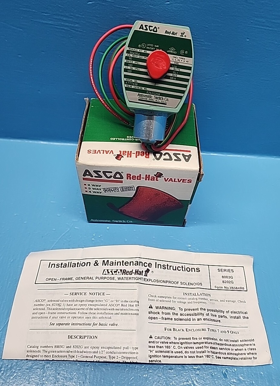 ASCO 8262G208 1/4”Pipe 90-100PSI 10.1WATTS Red Hat II Shut Off Valve