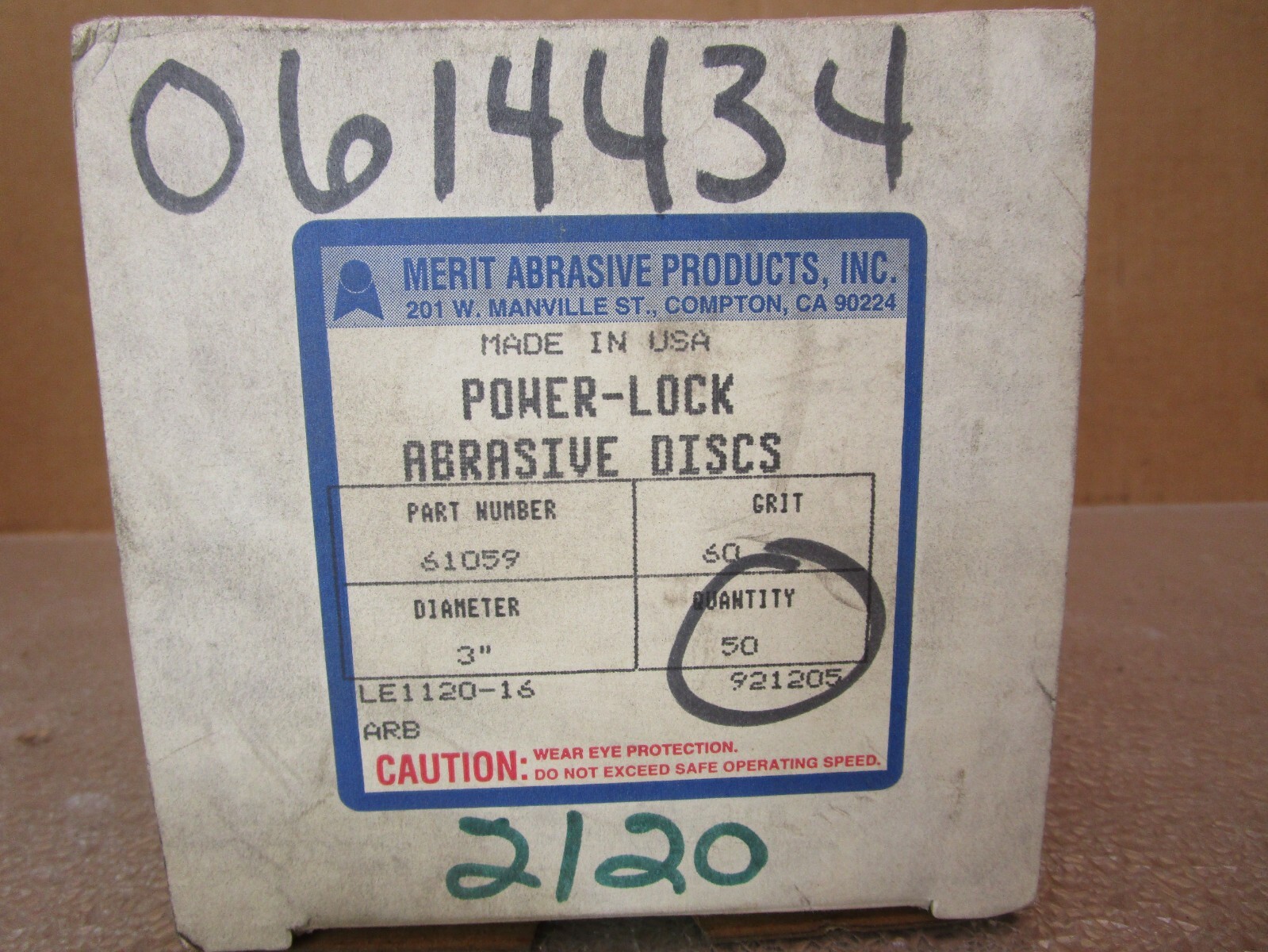 New Open Box Merit Abrasives 61059 3″ Dia. Lot of 50 Pieces Grit 60 51833DN