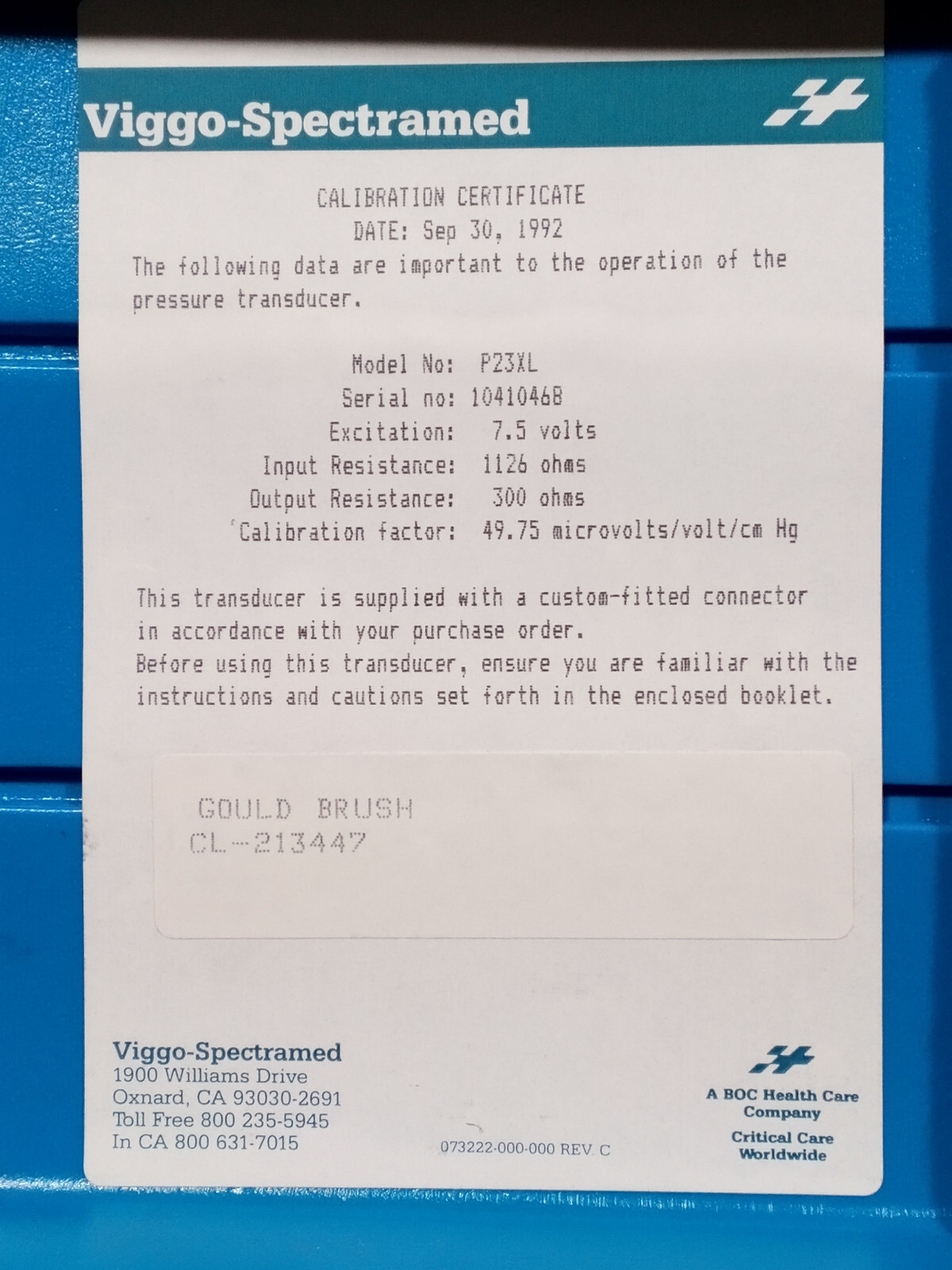 Gould Viggo-Spectramed / Statham Physiological Pressure Transducer Model: P23XL