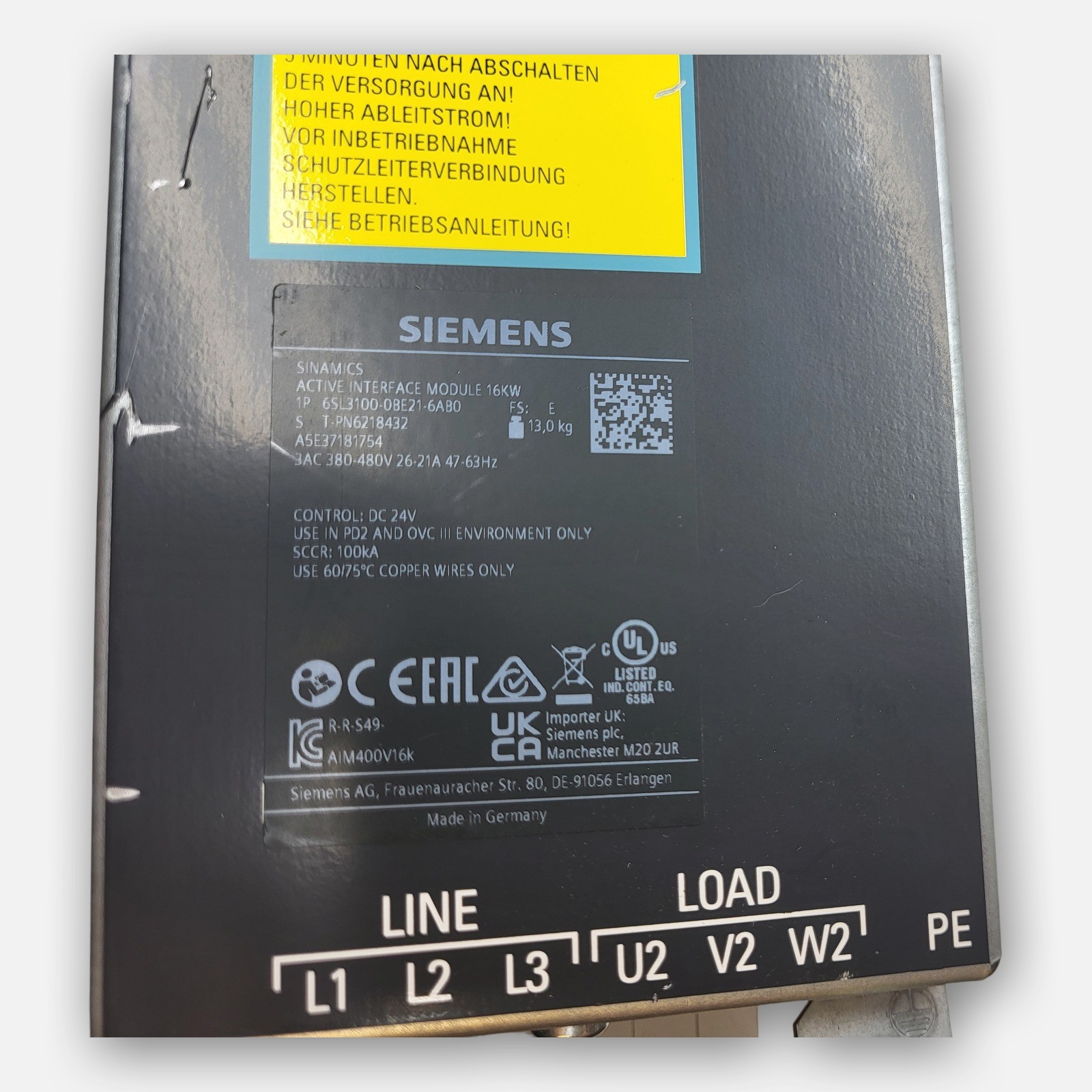 SIEMENS 6SL3100-0BE21-6AB0 ACTIVE INTERFACE MODULE 380-480V 26-21A 47-63HZ