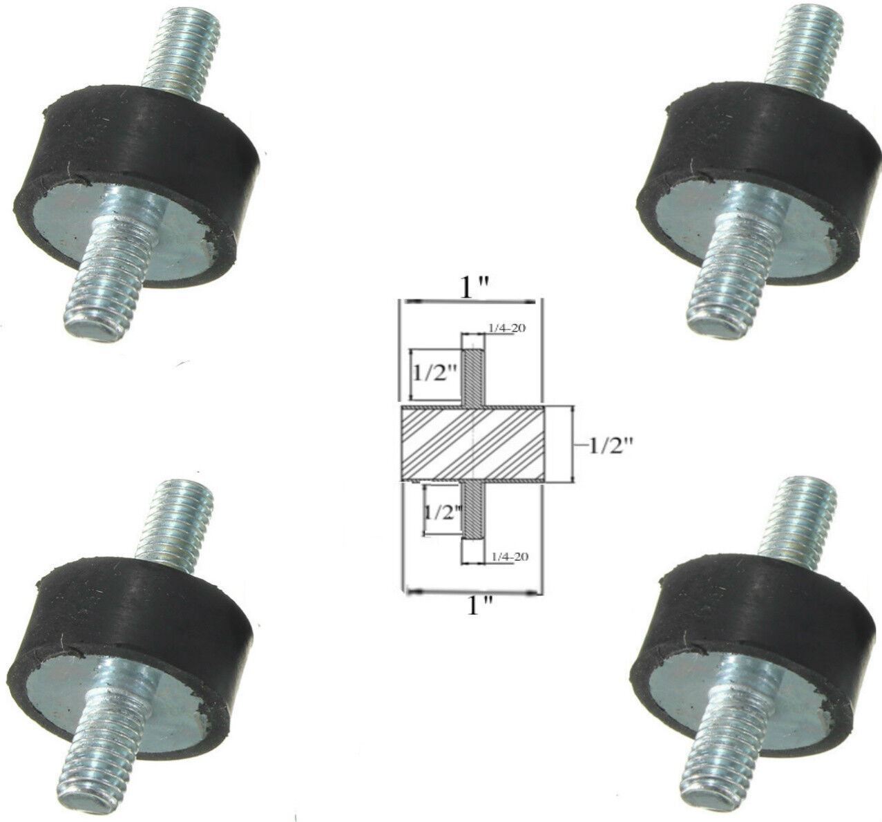 4 Rubber Vibration Isolator Mounts (1″ Dia x 1/2” Thk) 1/4-20 x 1/2″ Long Stud