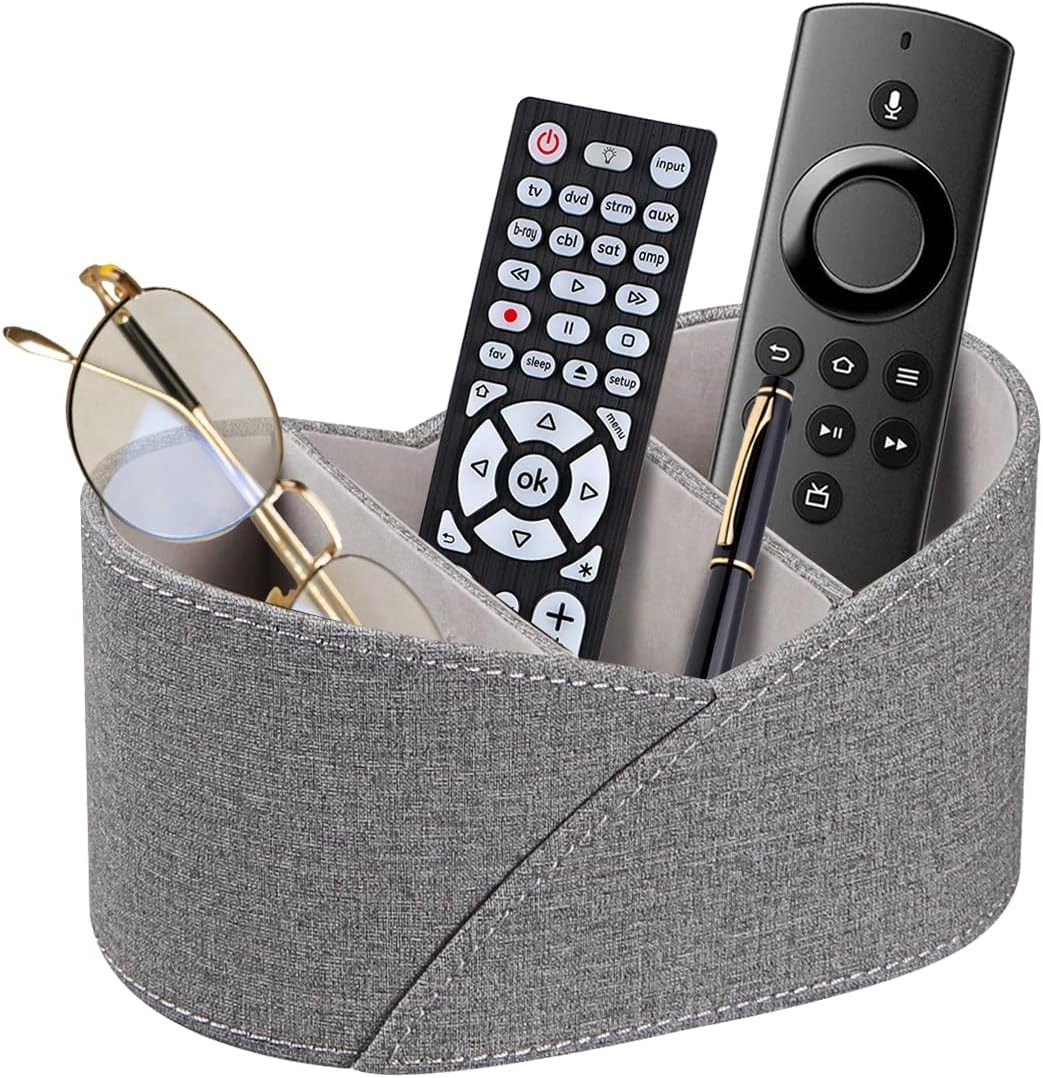 PU Leather Remote Control Holder with 3 Compartments, Remotes Holder, Grey