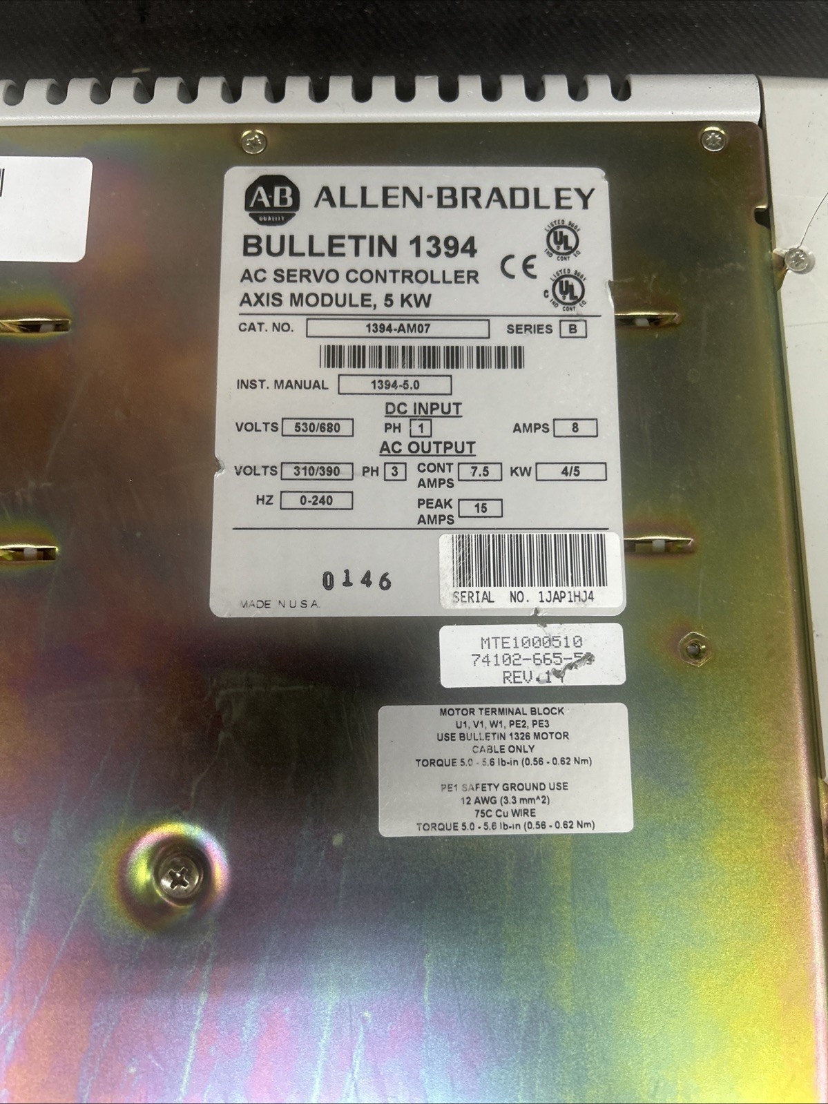 Allen Bradley 1394-AM07 SER. B AC Servo Controller 5KW Axis Module