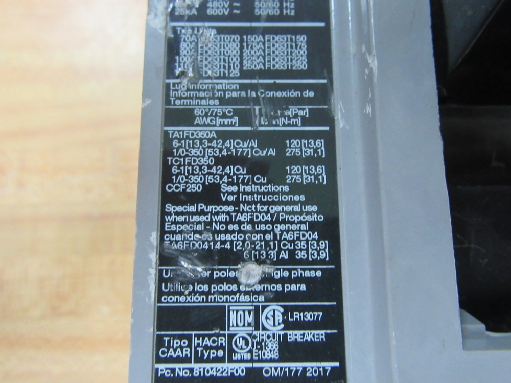 Siemens HFD63F250 250A Circuit Breaker HFD63F250L W/O Trip Unit